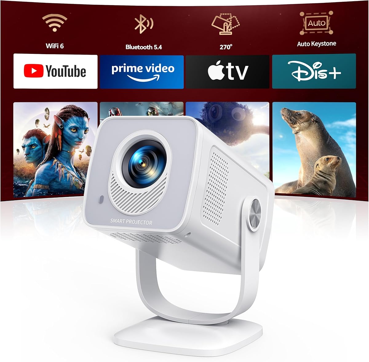 Mini-Projector with WiFi6 and Two-Way Bluetooth5.4, 1080P 4K Support, [Built-in Apps & 2026 Android 13] Portable Outdoor Movie Proyector for Bedroom, Auto Keystone & 270° Rotation for Phone/HDMI/USB