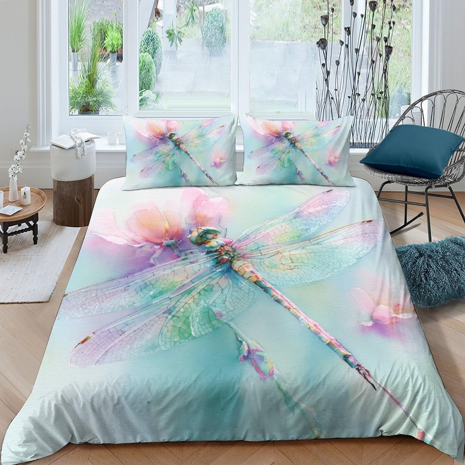 Ctjqhvkz Style-8 3D Printed Watercolor Dragonfly Fitted Sheet Microfiber Soft Pastel Abstract Mattress Cover Bedroom Home Decor Single（135X200cm）