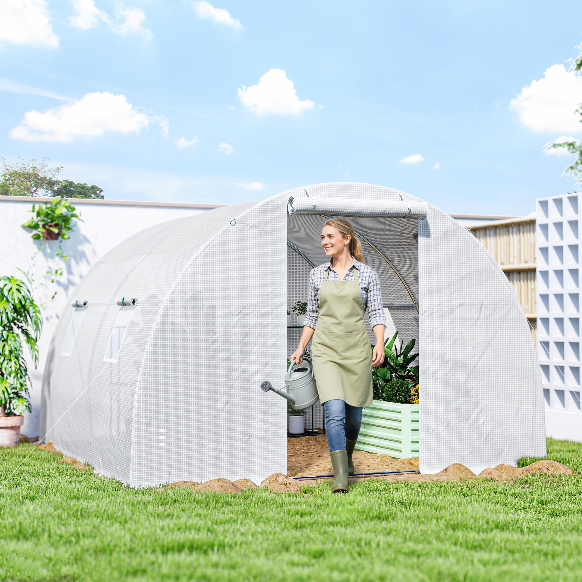 Outsunny Serre de Jardin Tunnel 9 m² 3L x 3l x 2H m - 4 fenêtres, Porte zippée Enroulable - châssis Tubulaire Acier galvanisé, bâche PE Haute densité Blanc