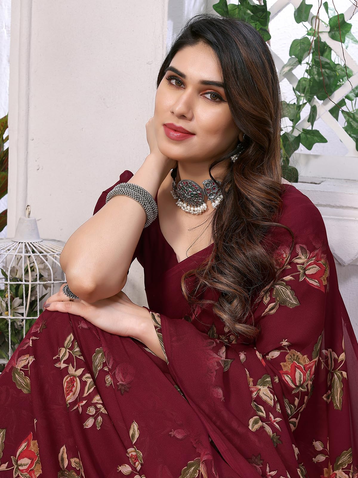 SIRIL Women's Floral Printed Georgette Saree with Unstitched Blouse Piece (3289S114_Maroon) 3