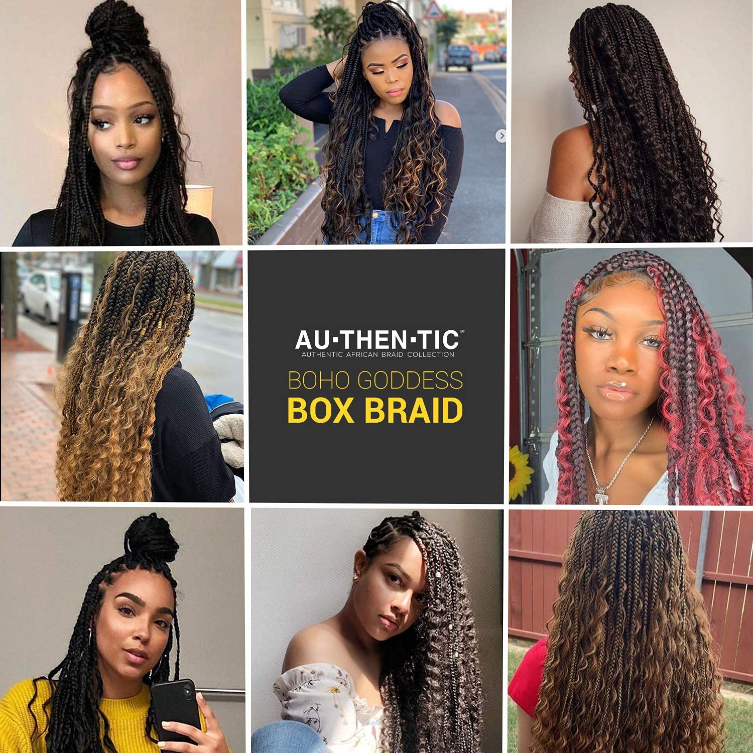 AU-THEN-TIC 24 Inch Boho Goddess Box Braids, Curly Ends, 7 Pack (168 Strands), Crochet Hair Extensions for Hippie Locs and Bohemian Styles, (1B, Off Black)
