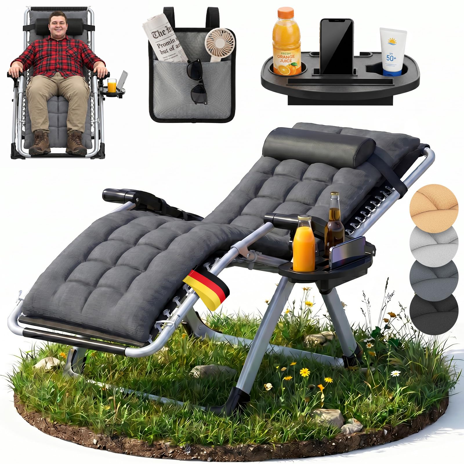 Klappbare Gartenliege,Sonnenliege Liegestuhl,Verstellbare Rückenlehne Liegestuhl mit Nackenkissen,Getränkehalter&Seitentasche (Grau)
