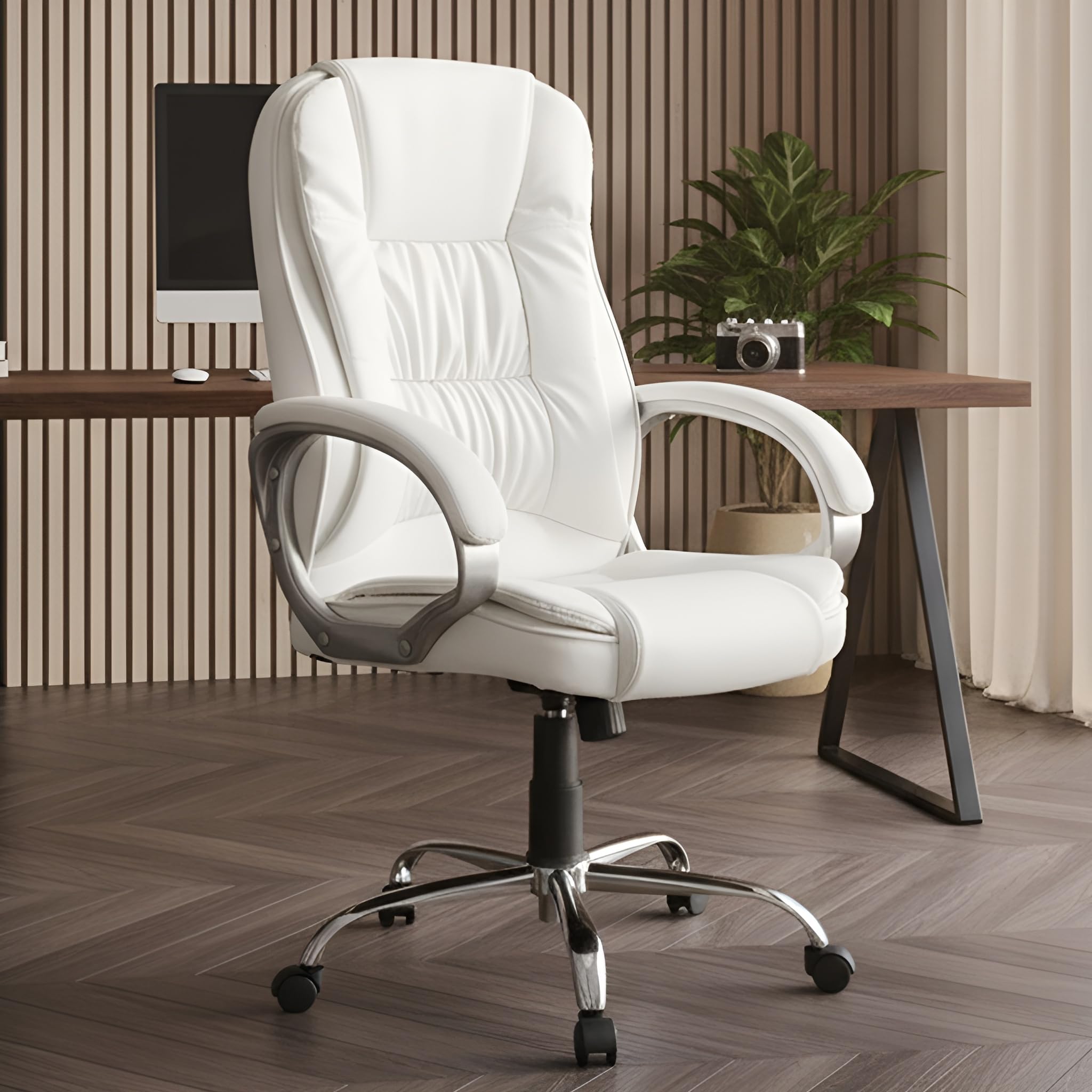 MRC M061 Ergonomic High Back Premium Leatherette Office Chair with Fixed Armrests, Heavy Duty Chrome Base,| Home Office Desk Chair, 3 Years Warranty,Pre-Assembled (White)