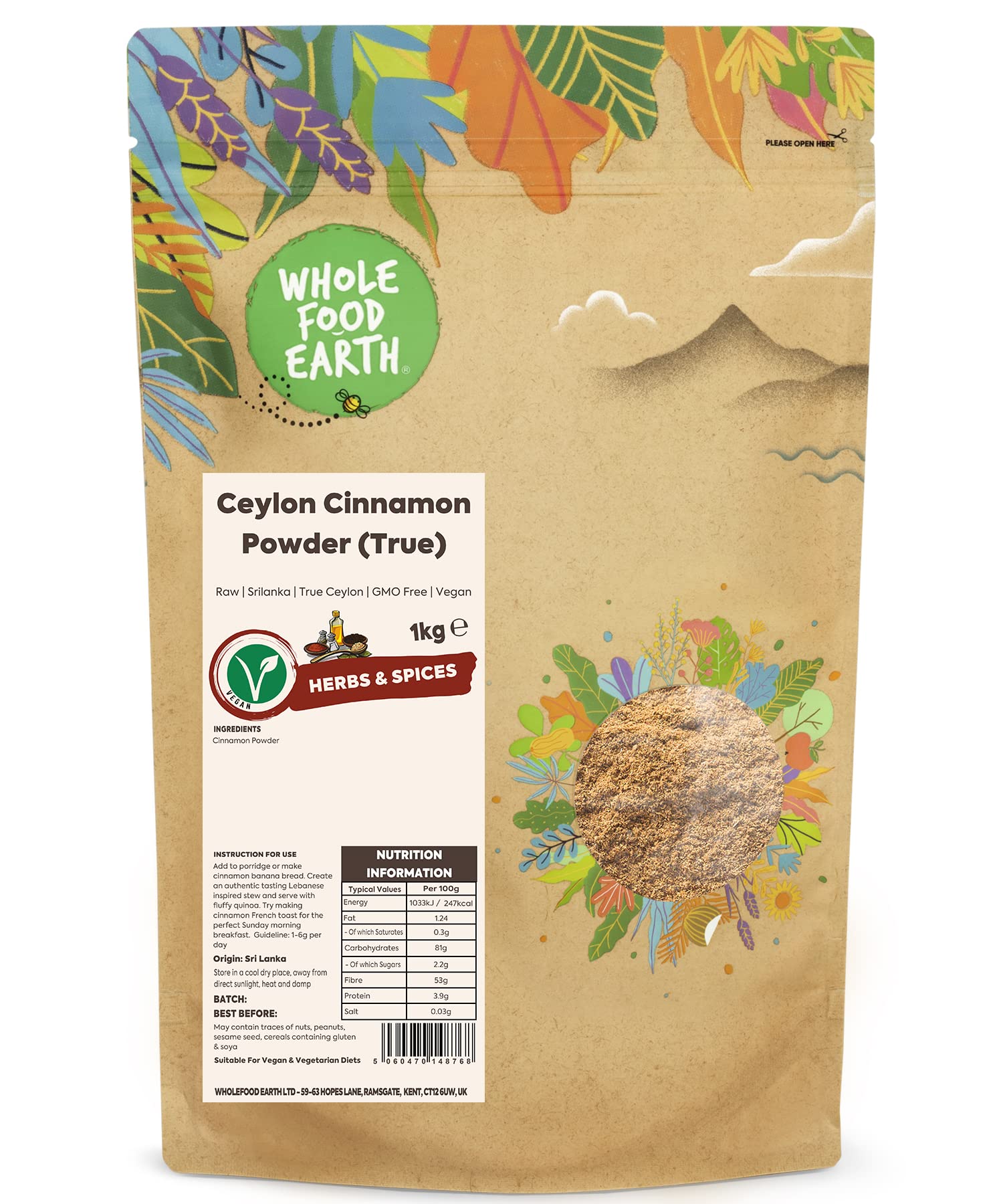 Wholefood Earth - Ceylon Cinnamon Powder (True) 1kg - Raw - GMO Free - True Ceylon - Srilanka
