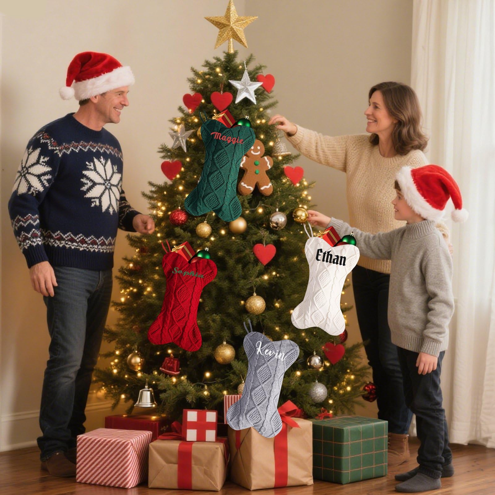 10 calcetines de Navidad grandes de 16.5 pulgadas con nombre bordado personalizado para la familia, calcetines de Navidad con nombre para colgar en la chimenea, decoración de fiesta de Navidad