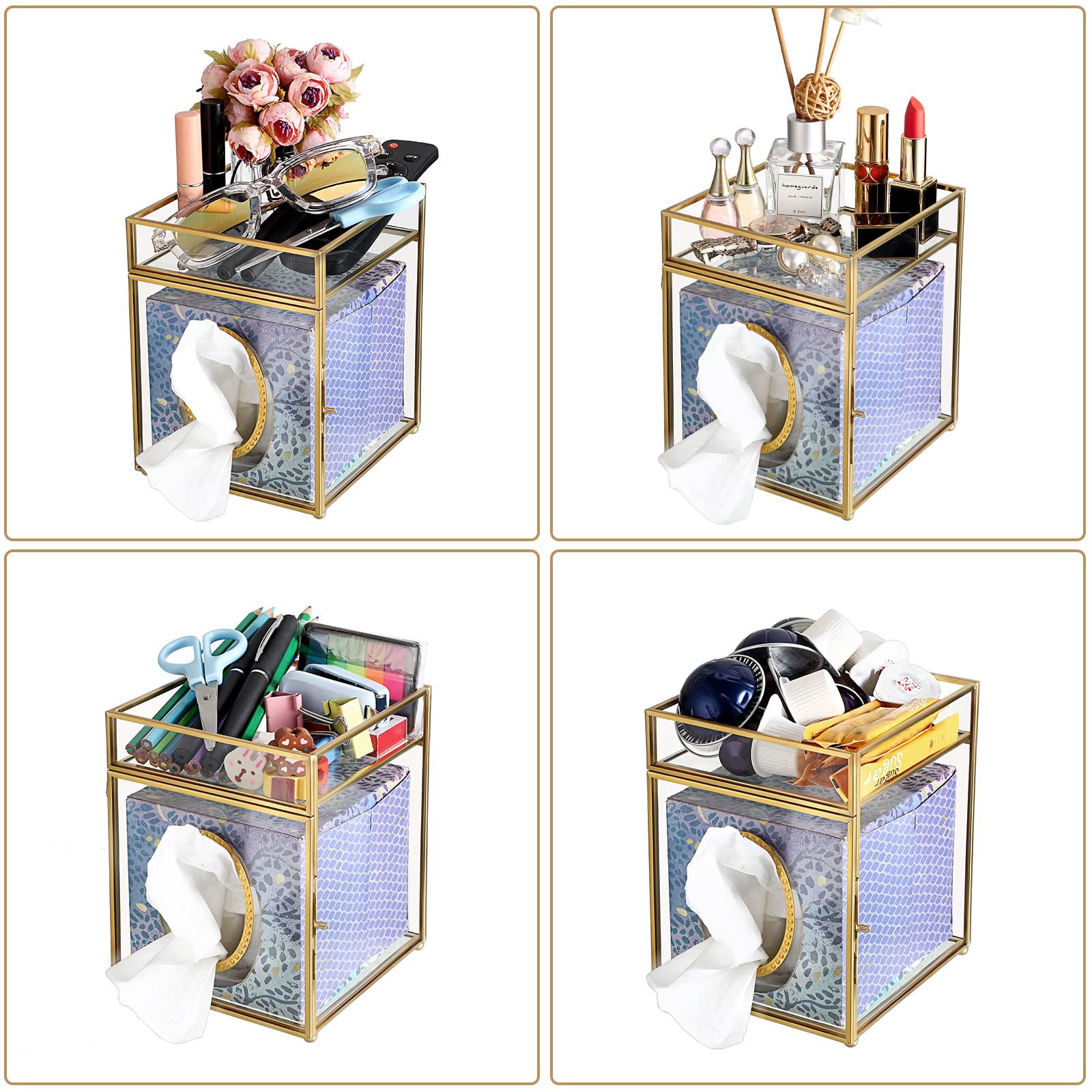 Clear Glass Tissue Box Cover With Gold Frame - Modern Square Tissue Holder For Home Decor