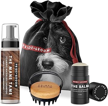 Pride and Groom The Tool Kit Dog Grooming Gift set of 7.1oz of Foaming Waterless Shampoo, 2.5oz of Moisturizing Balm, and a Versatile Brush to Cleanse, Moisturize, Detangle and More in Between Baths