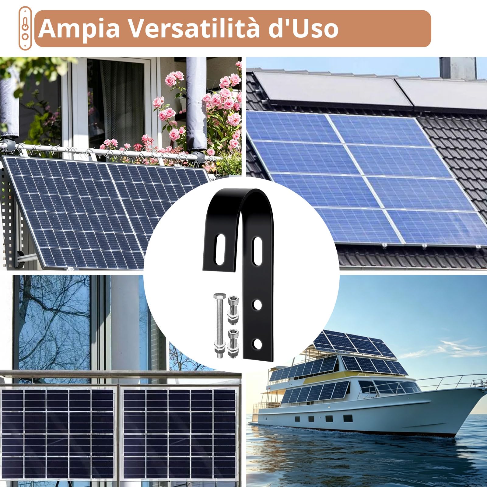 Kamtop 8 Ganci Solari Balcone In Acciaio Inox 304 Per Moduli Solari | Kit Ganci Solari Inox 304 Con Accessori Completi Per Installazione Pannelli Fotovoltaici Su Ringhiere