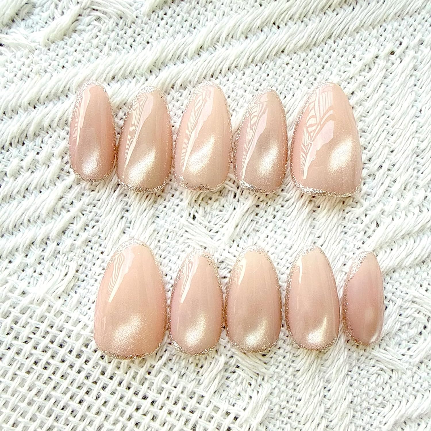 Short Almond Pink Cat Eye Fake Nails, with Glitter Line French,Handmade Press on Nails, with Glue Tabs - 10Pcs Nail Kit for Women and Girls,Stylish Design with Suitable for Wedding Party.