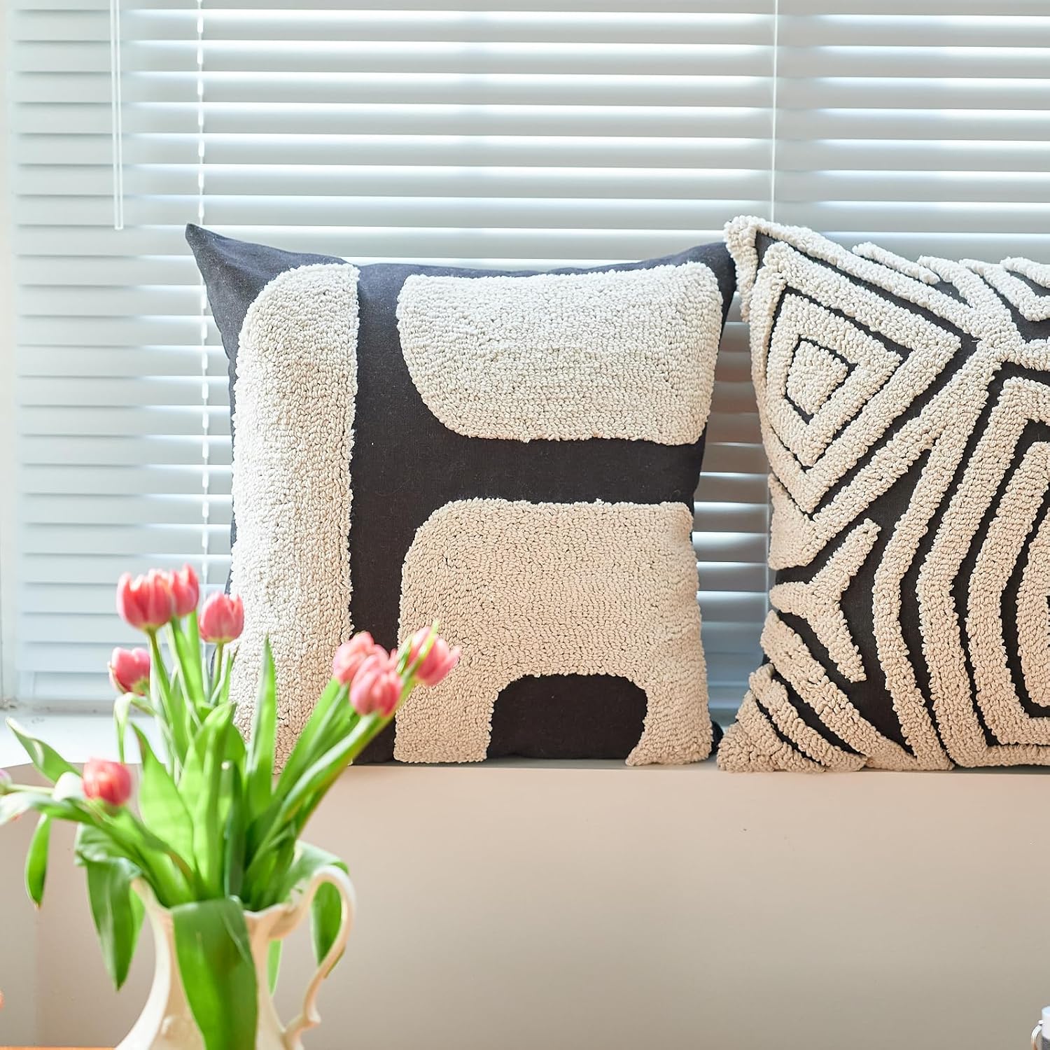 Black White Geometric Tufted Decorative Throw Pillow Cover，Chunky Boho Minimalist Modern Pillow Case，Mid Century Woven Abstract Pillow Sham for Bed Couch Living Room，18x18 inches, 1PCS - Image 4