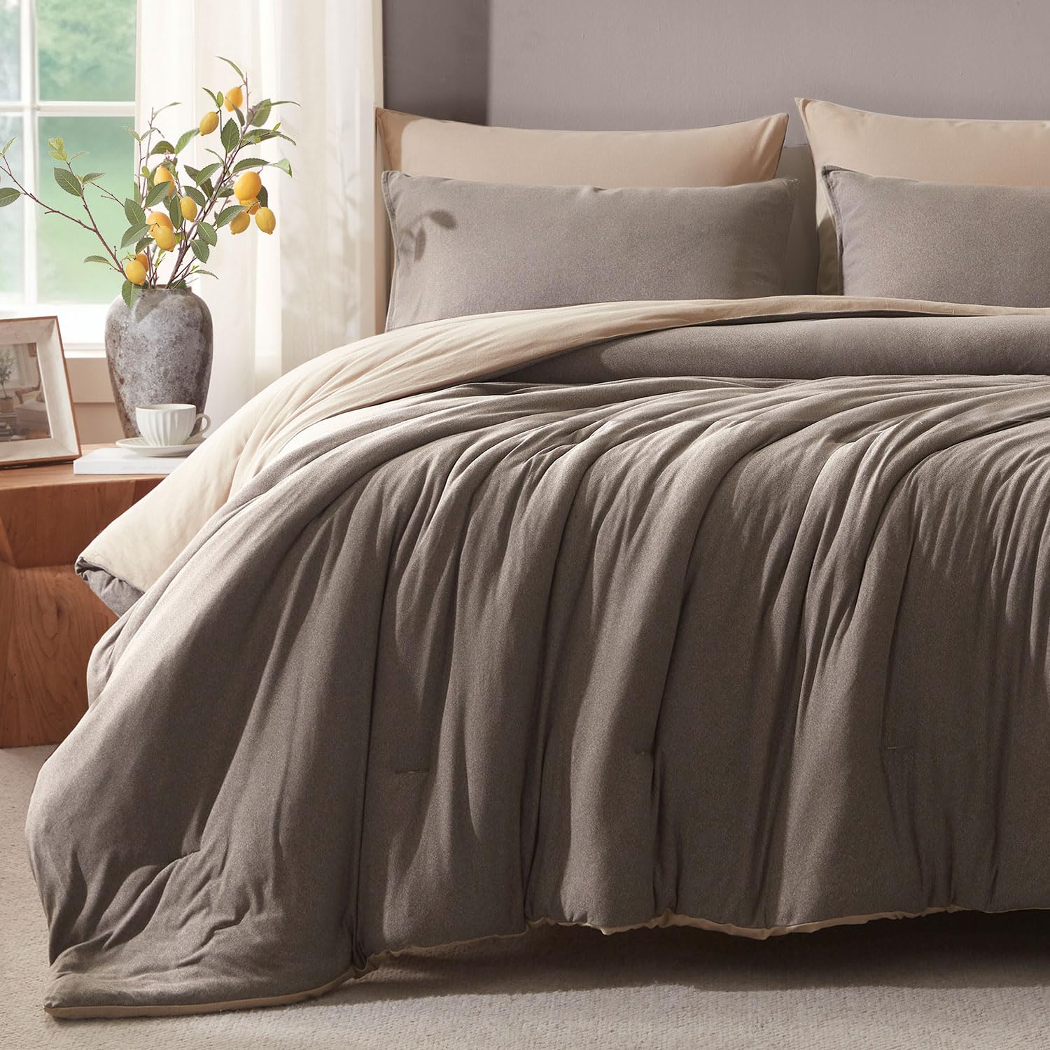 Queen Comforter Set, Comforters Queen Size Luxury Ultra-Soft Jersey Knit Bedding Sets, Cocoa/Sand Lightweight Down Alternative Bed Comforte Queen for All Season, 3 Piece Bedding Setrey