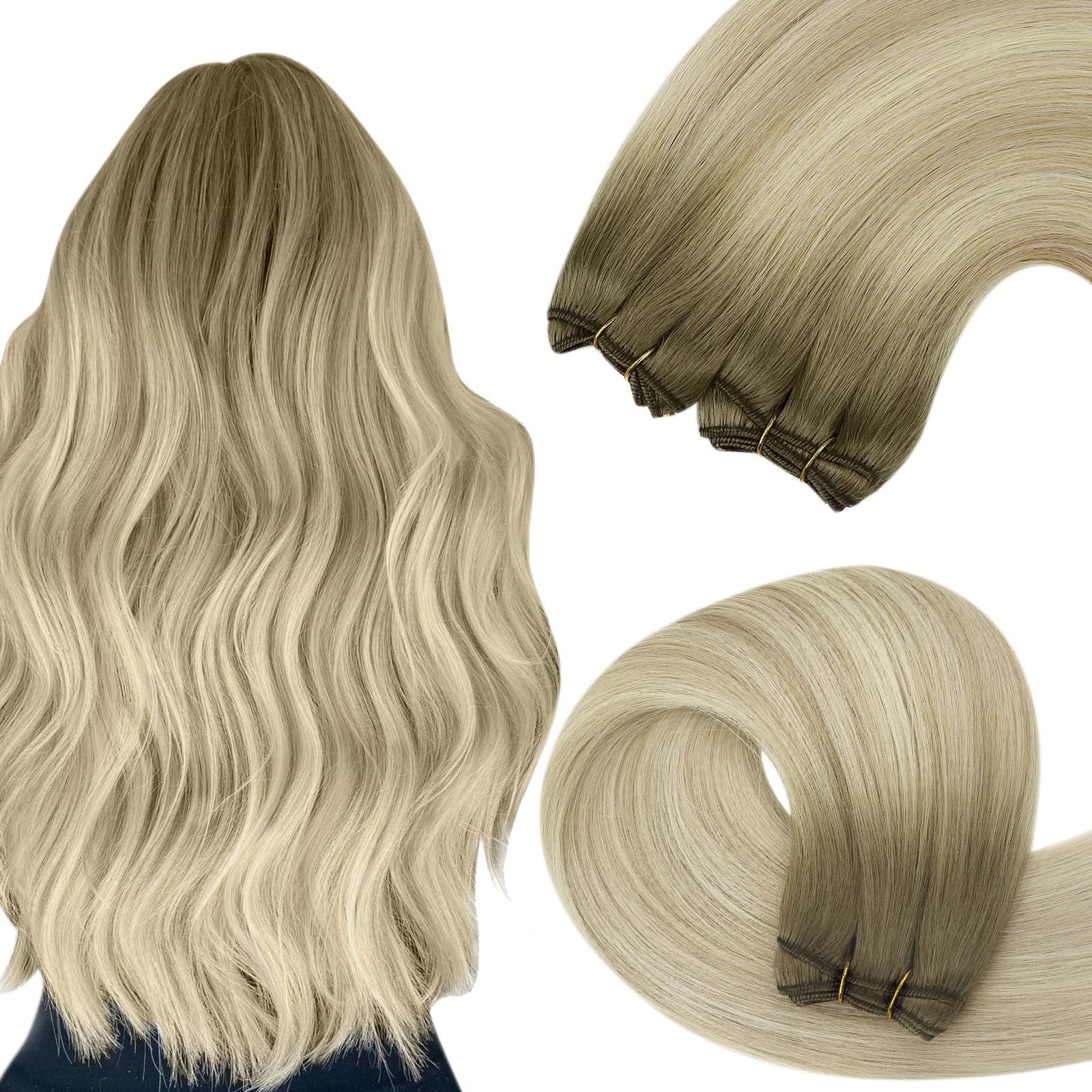 YoungSee Echthaar Tressen zum Einnähen Blond 50 cm,Tressen Echthaar Aschblond Ombre Blond，Haartressen Extension，Weft Hair Extension fur Damen,100g,SUN