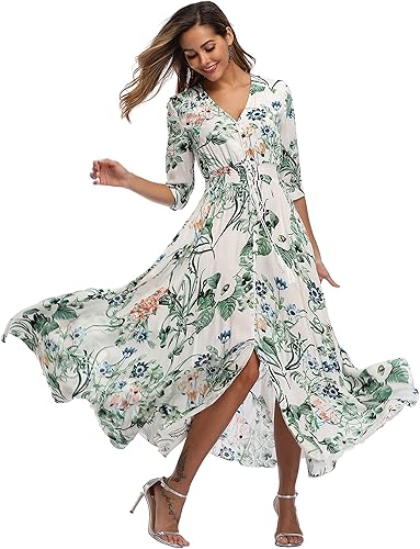 Miniatura 2 de VintageClothing - Vestidos largos florales para mujer con mangas, estilo bohemio, fluidos, vestido de playa