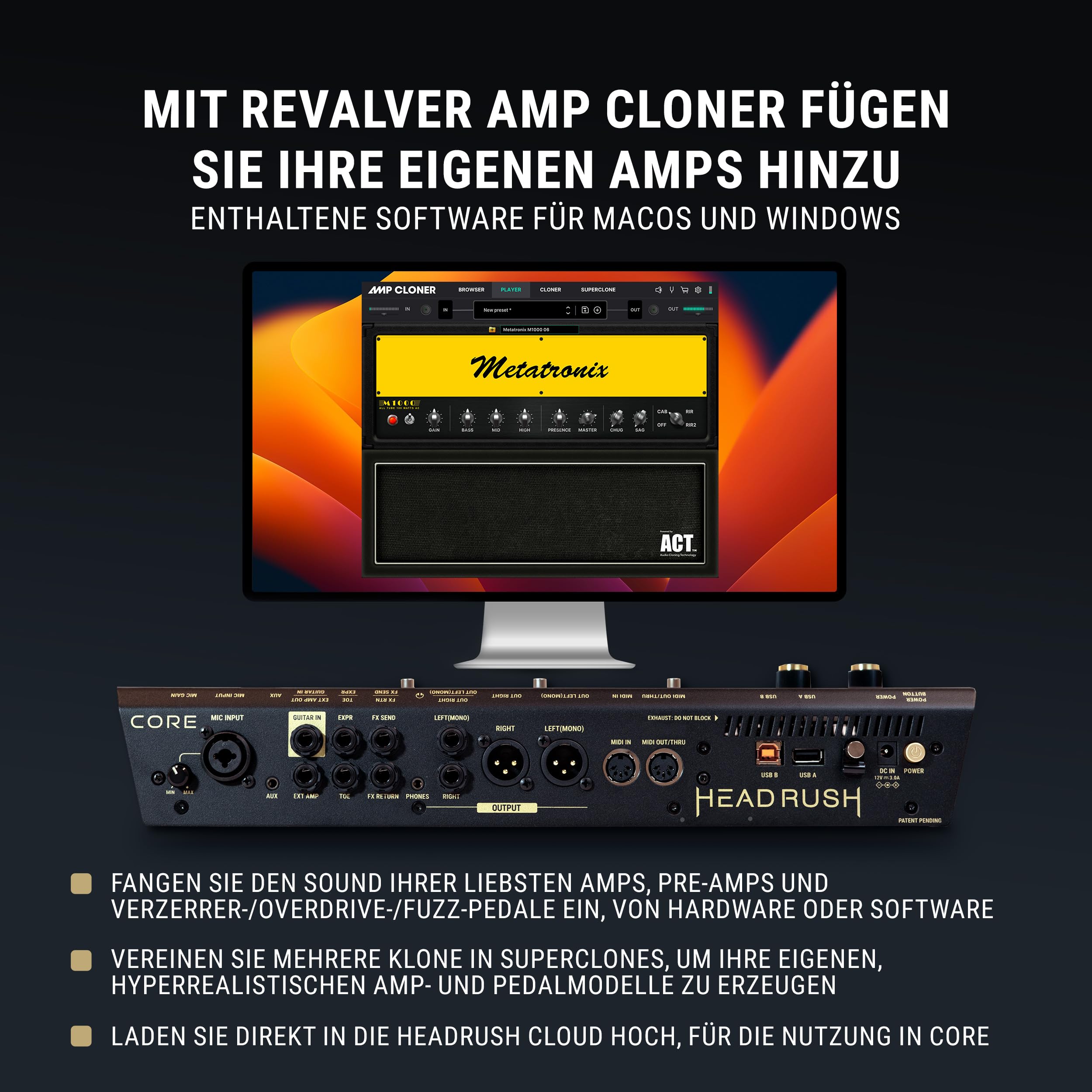 HeadRush Core - Gitarre und Vocal Multi Core Effekt Amp Modelling Prozessor mit Cloning, Looper, Antares Auto-Tune, WLAN, Touchscreen und Bluetooth