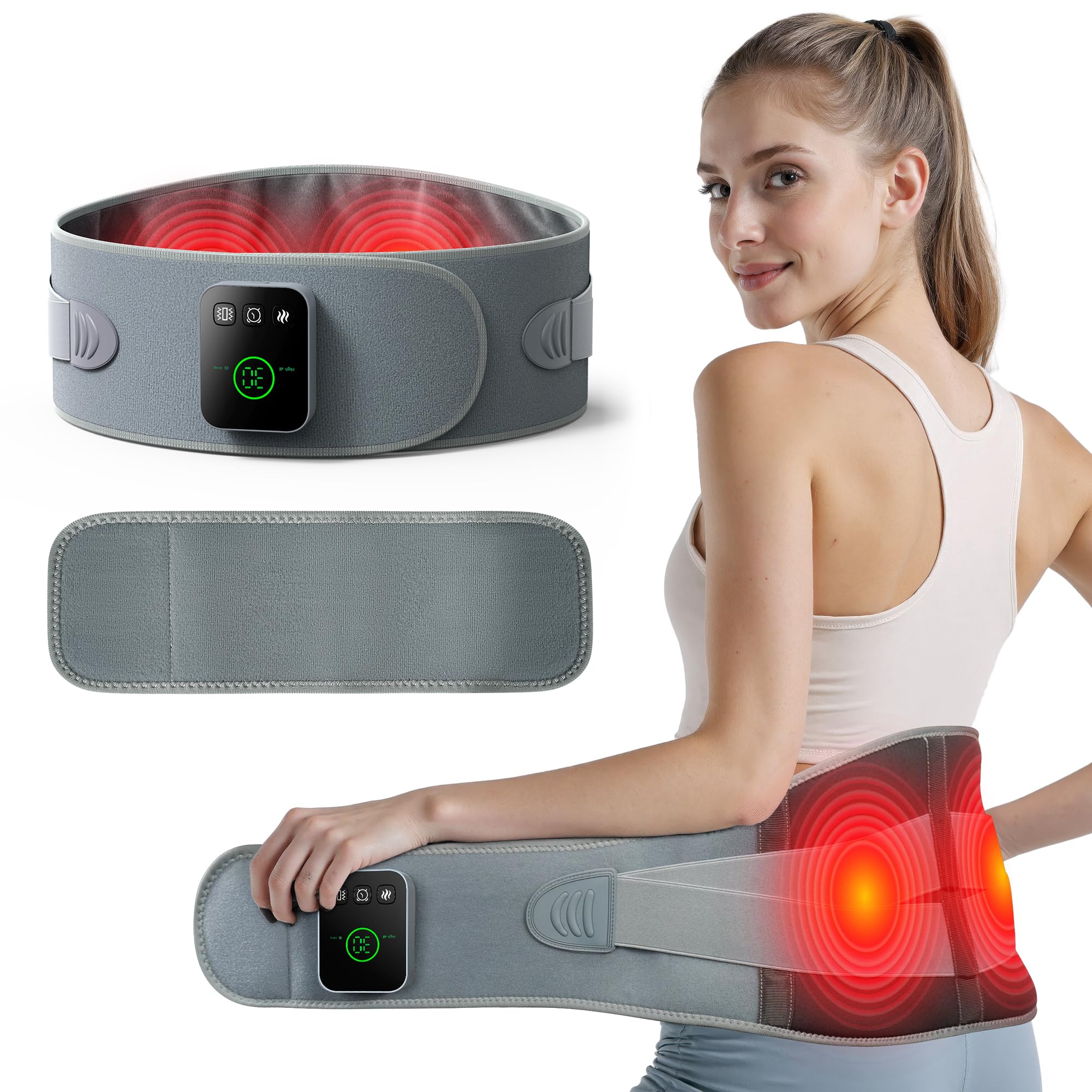 Koonie Cordless Heating Pad for Back Pain Relief, 47”-57” Portable Heating Back Brace with 3 Heat Levels, 3 Vibration Mode, 20/30/40Min Timer, 5000mAh Battery, Auto-Off, Lower Back Massager with Heat
