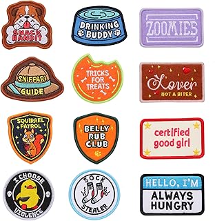 Abofth 12 Pcs Funny Dog Patches for Harness, Removable Embroidered Appliques with Hook &
