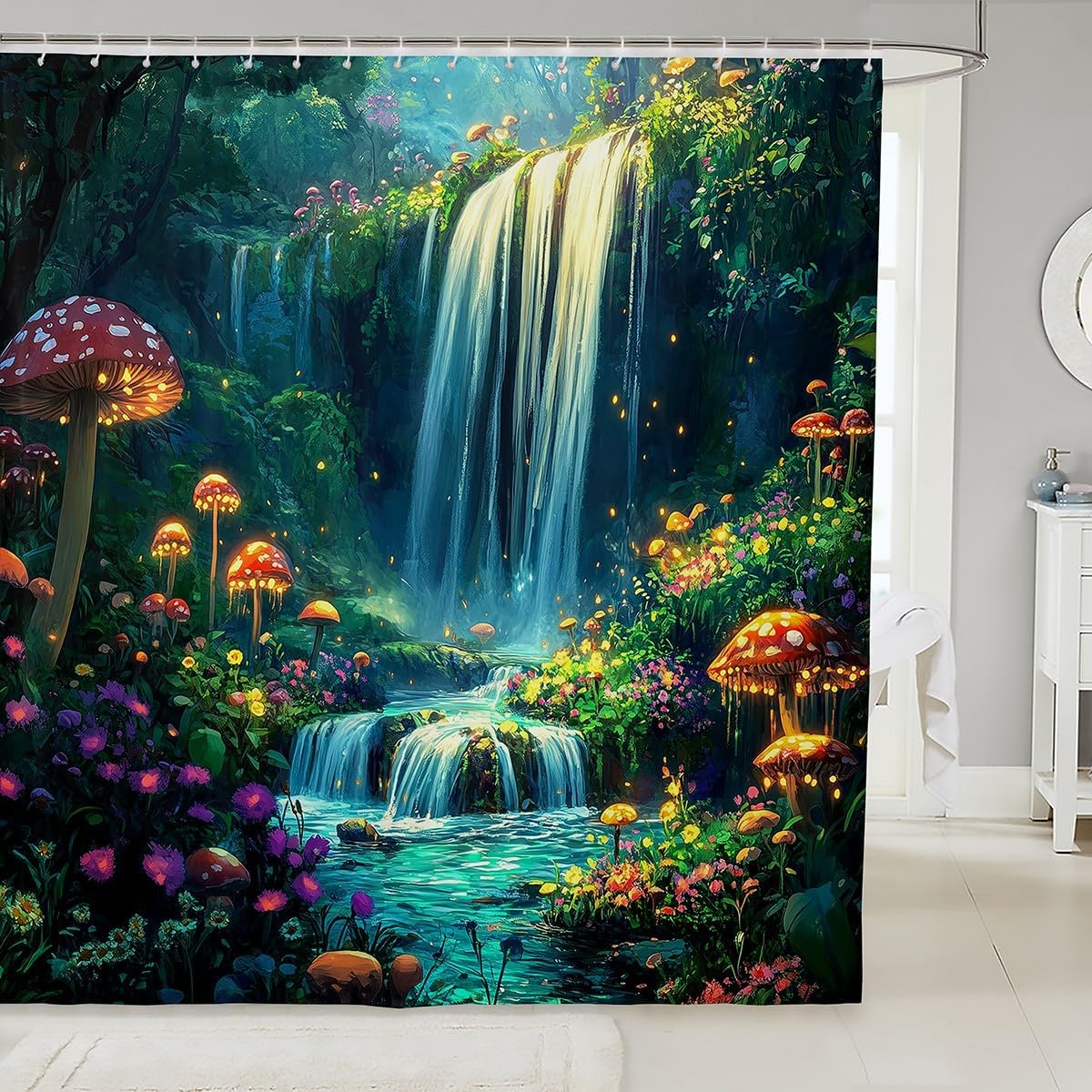 jejeloiu Mountain Lake Shower Curtain 72"x78" Aurora Starry Night Sky Bath Curtain for Boys Girls Teens Nature Landscape Bathroom Shower Curtain Set Waterproof Galaxy Kids Bathroom Accessories