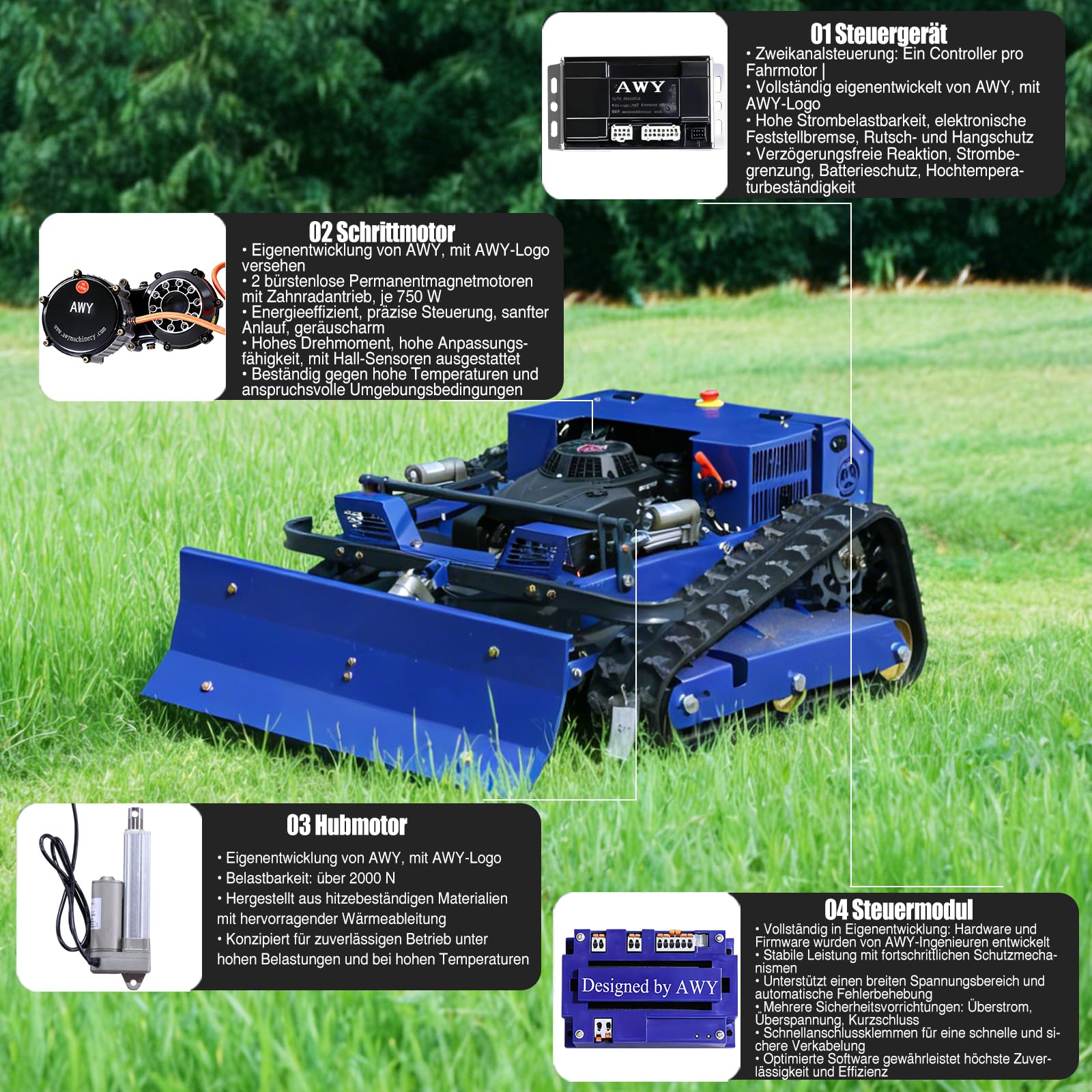 Tondeuse à Gazon Télécommandée avec Lame à Neige, Tondeuse sur Chenilles Hybride Essence-Électrique 4x4, Débroussailleuse Intégrée pour Terrain Accidenté