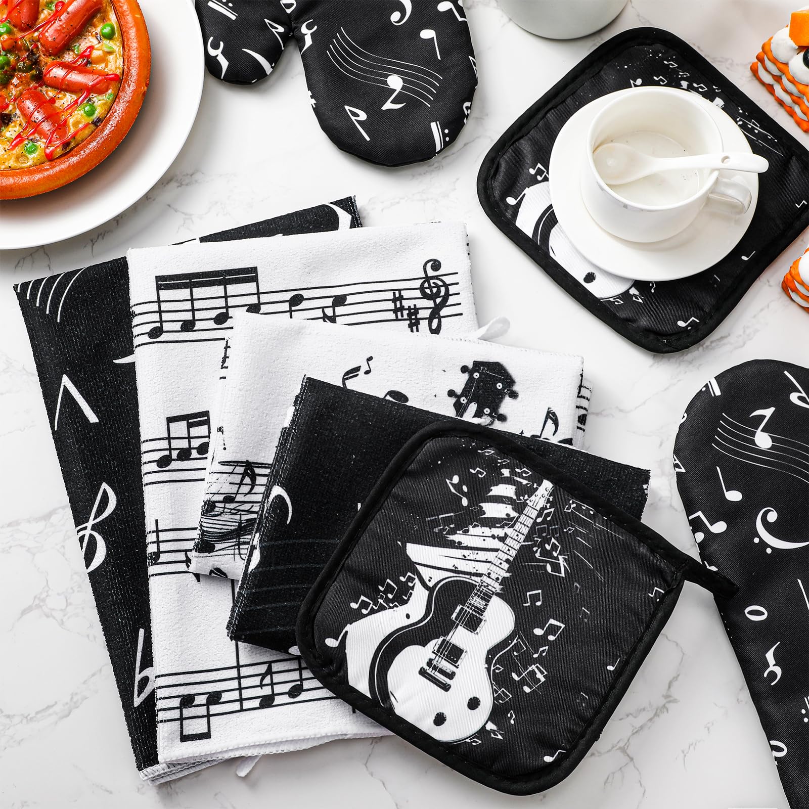 Juego de 8 piezas de accesorios de decoración de cocina con notas musicales, toallas de granja, guantes de horno, soportes para ollas, juego de paños de cocina decorativos absorbentes para 7