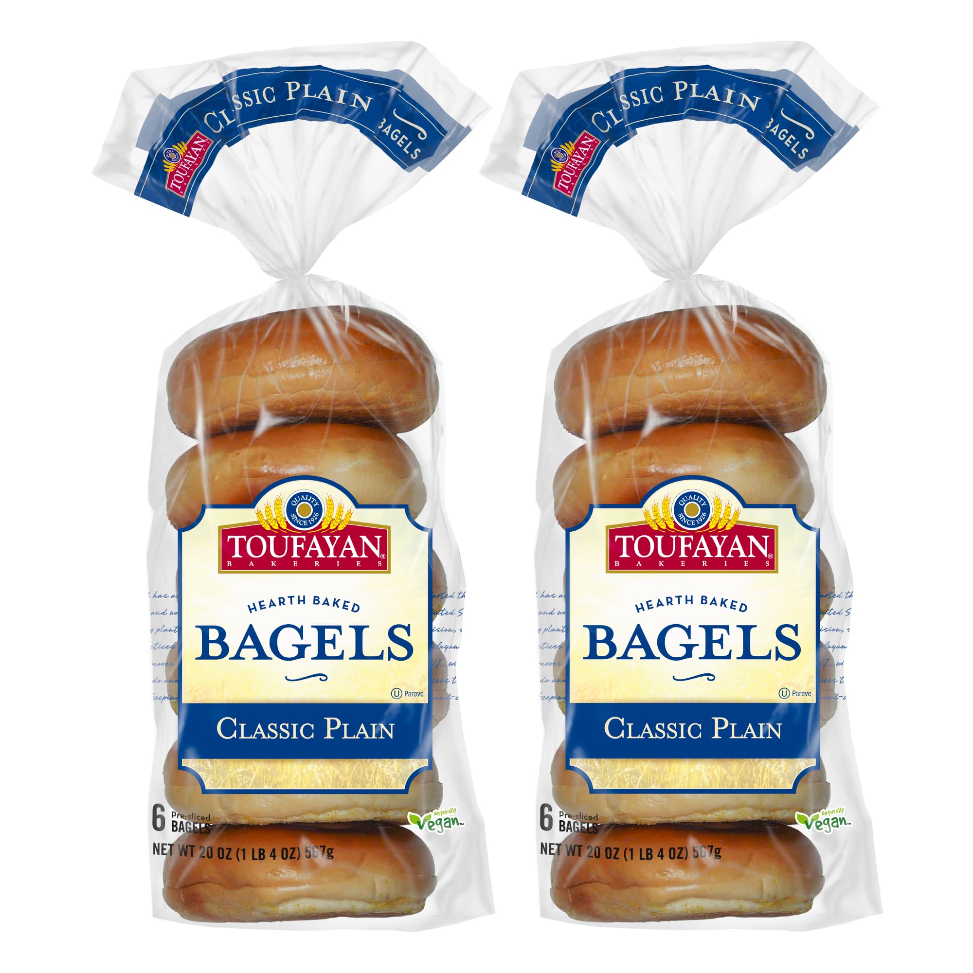 Toufayan Plain Pre‑Sliced Bagels – Vegan, Kosher, 2 Packs (12 Bagels Total), Soft Texture, Great for Breakfast or Sandwiches