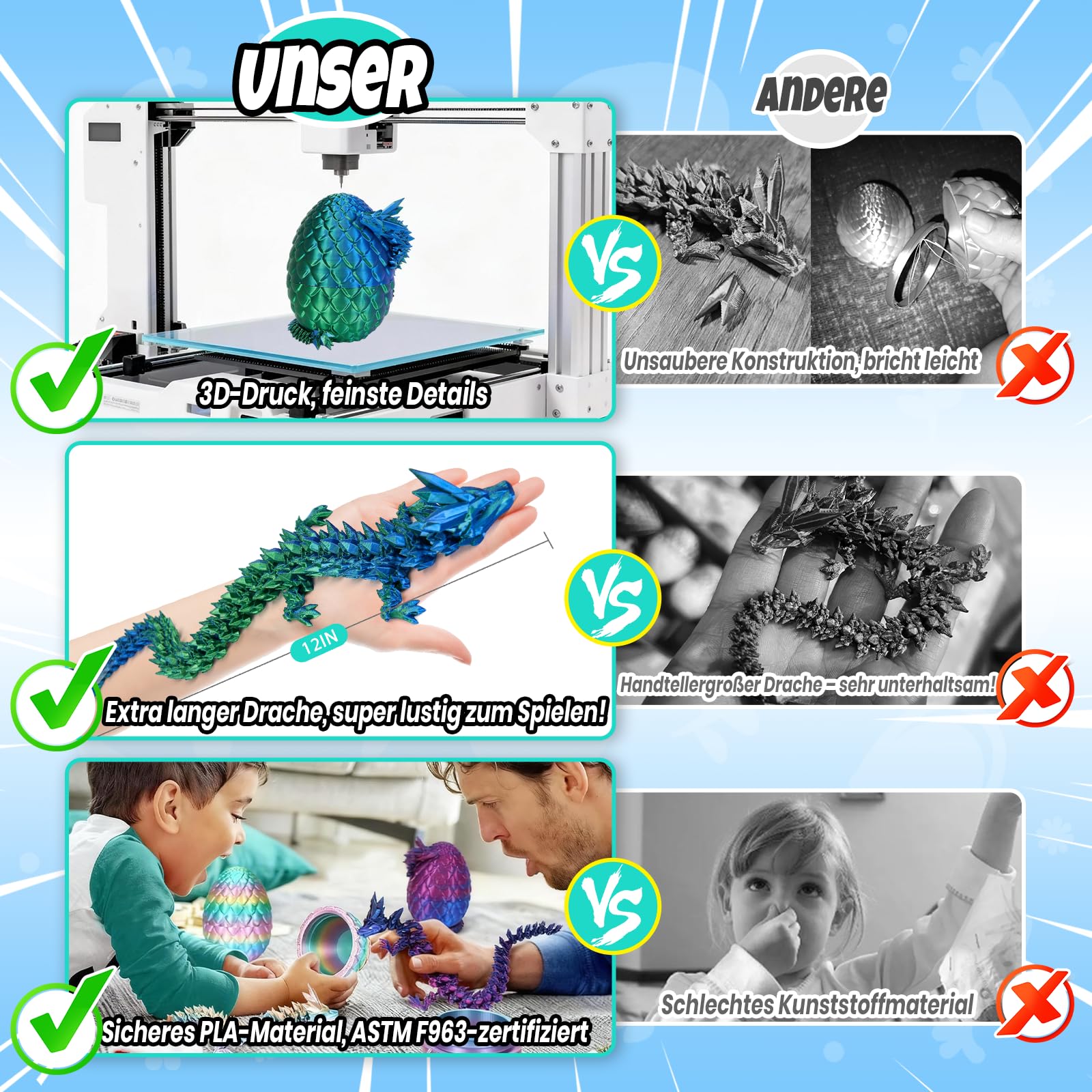 YILCER 3D Gedruckter Drache 28,5cm, Drachenei mit Upgrade bruchsicher, Verstärkte Dragon-Gelenke, Sicheres und Umweltfreundliches Material, Ostern Geschenke Kinder (Lasergrün) - 2