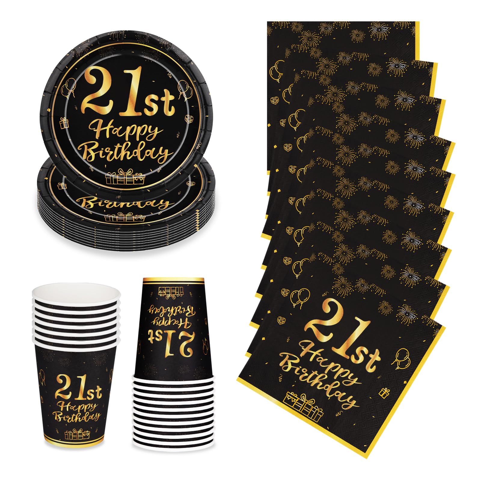 LAWALEISHE 21st Happy Birthday Party Plates Cups and Napkins, Black Gold 7" Disposable Strong Paper Plates and Cups, 72pcs Party Tableware Set 24 Guests, Birthday Supplies for Table Decorations