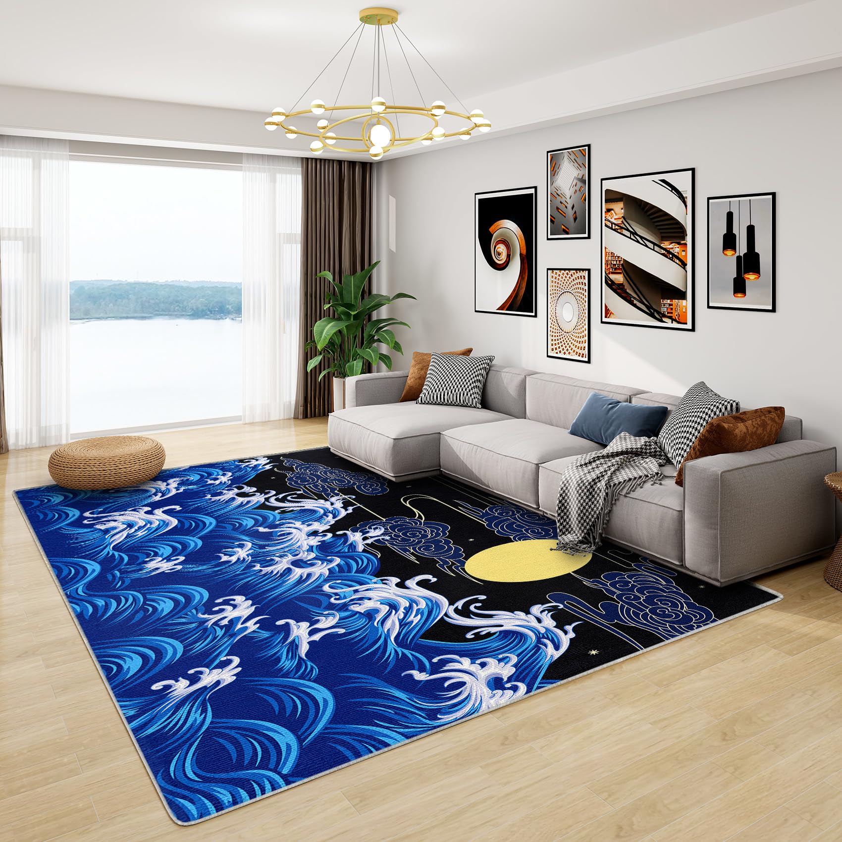 Japanese Decorations - Japanese Rug, Ocean Wave Moon Rugs for Living Room Bedroom, Washable Non Slip Soft Square Carpet, Patterned Area Rugs & Home Decor 120x120 cm