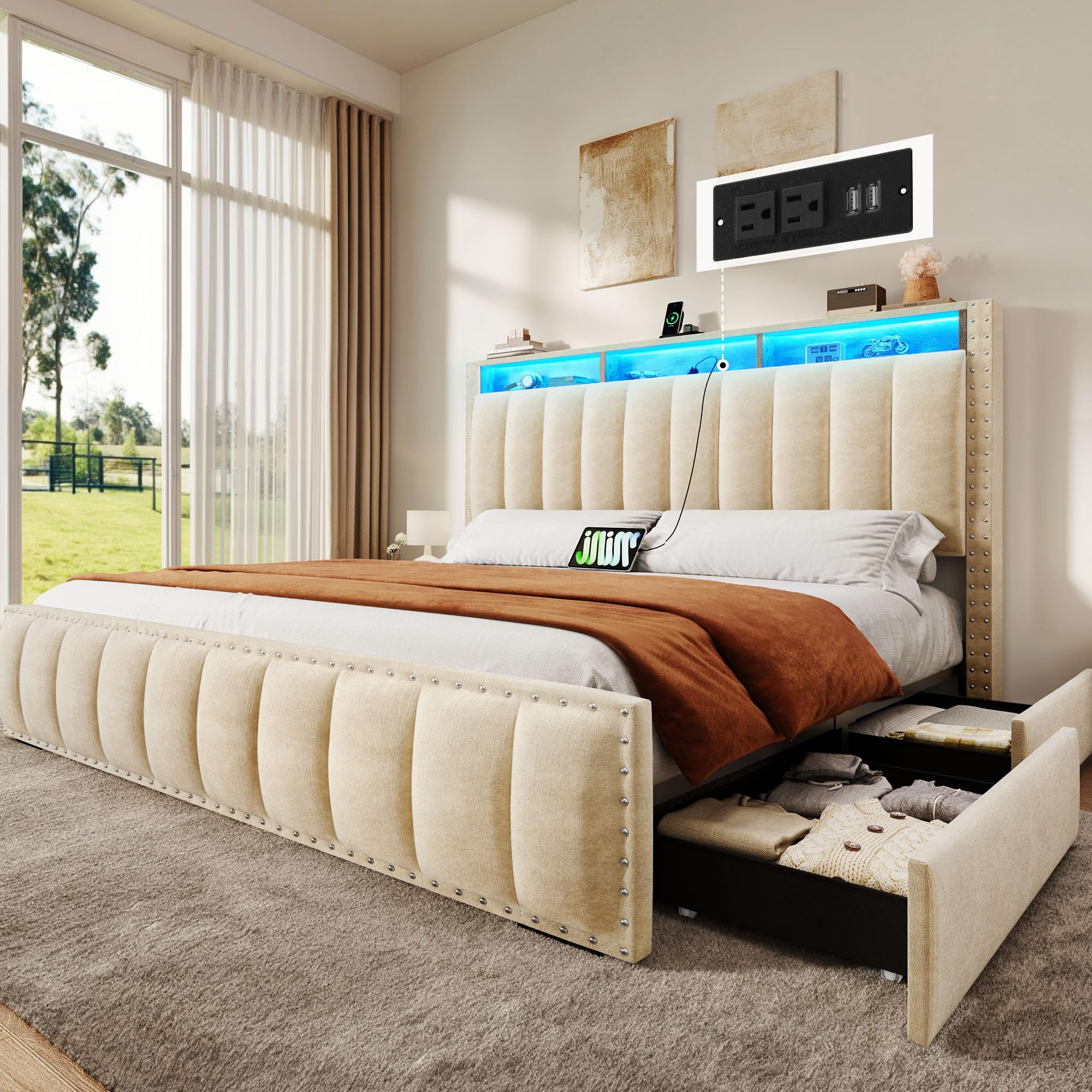 Photo 1 of *MISSING PARTS - see clerk notes*
DWVO Full Size Bed Frame with 4 Storage Drawers and RGB LED Lights, Velvet Upholstered Platform Bed with Charging Station and Storage Headboard, No Box Spring Needed, Easy Assembly, Beige