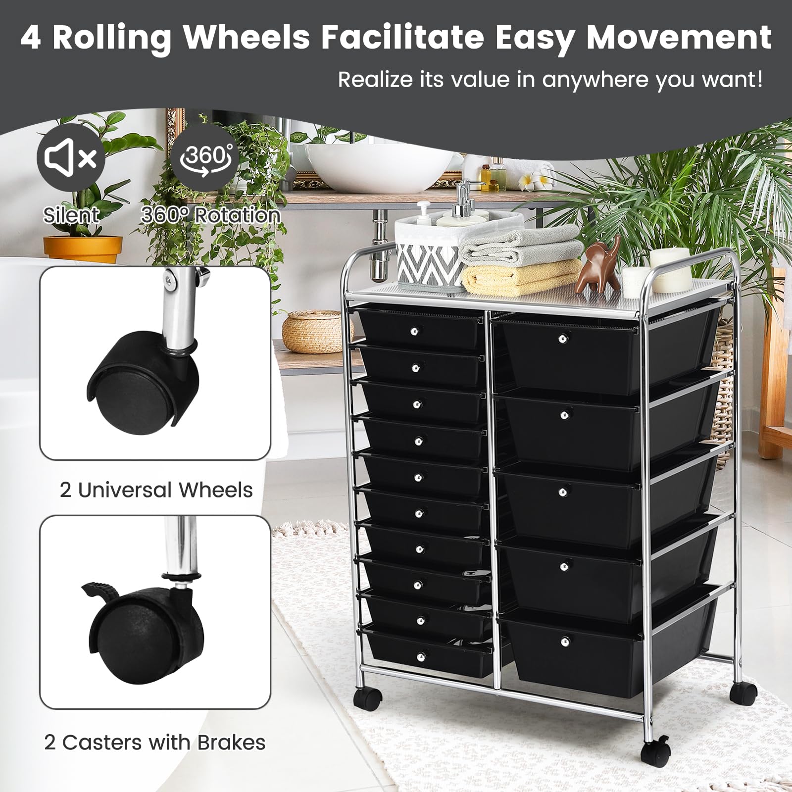 KOMFOTTEU Carrello con 10/15 cassetti impilabile, carrello da bagno con telaio in metallo, carrello multiuso per bagno e cucina (Nero, 5 cassetti)