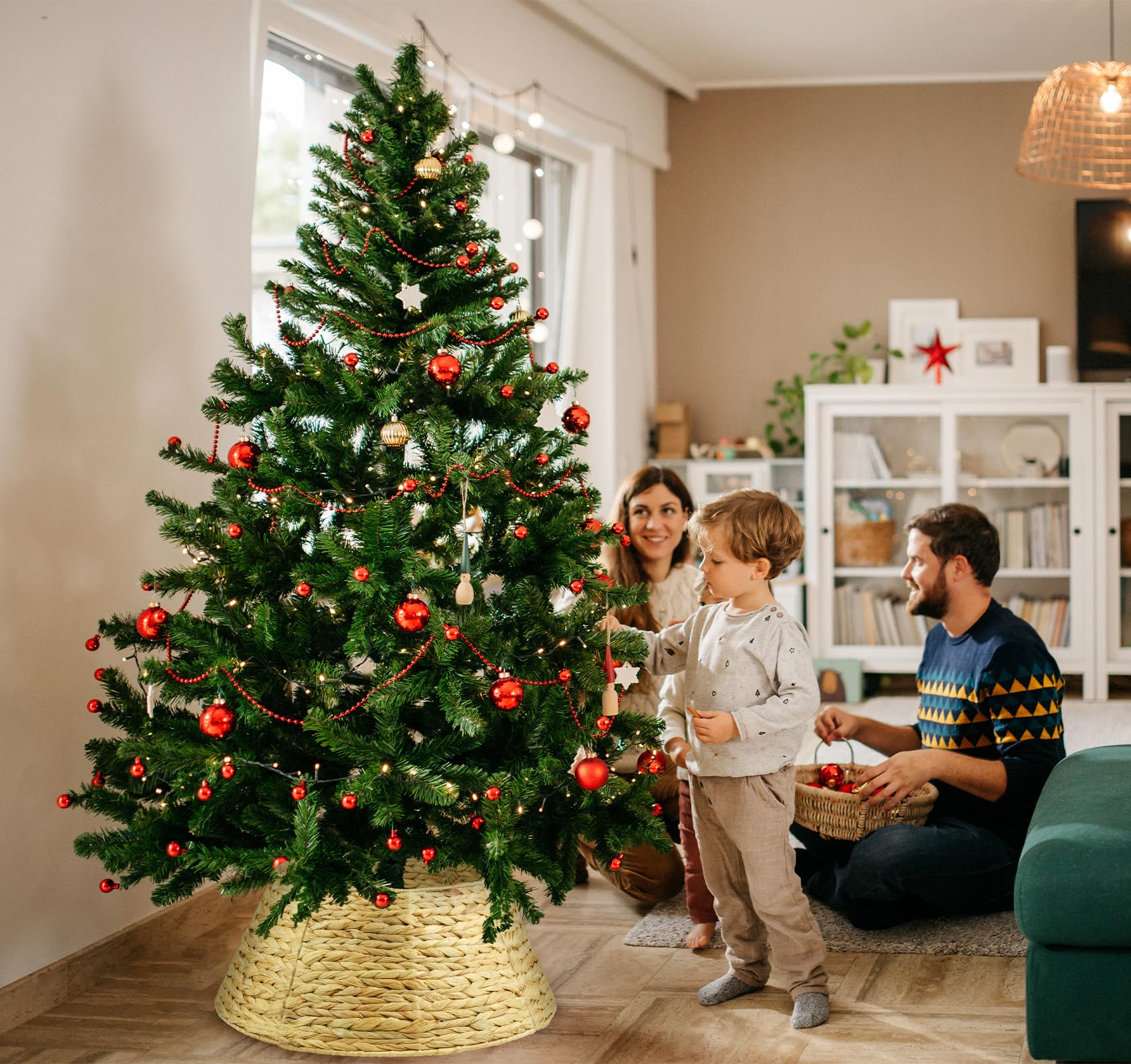 Rattan Weihnachtsbaumrock Ø 60 cm, 4 Teile Abdeckung für den Christbaum Ständer Abnehmbar, Weihnachtsbaum Kragen Tannenbaum Rock, Abdeckung für Christbaumständer Korb