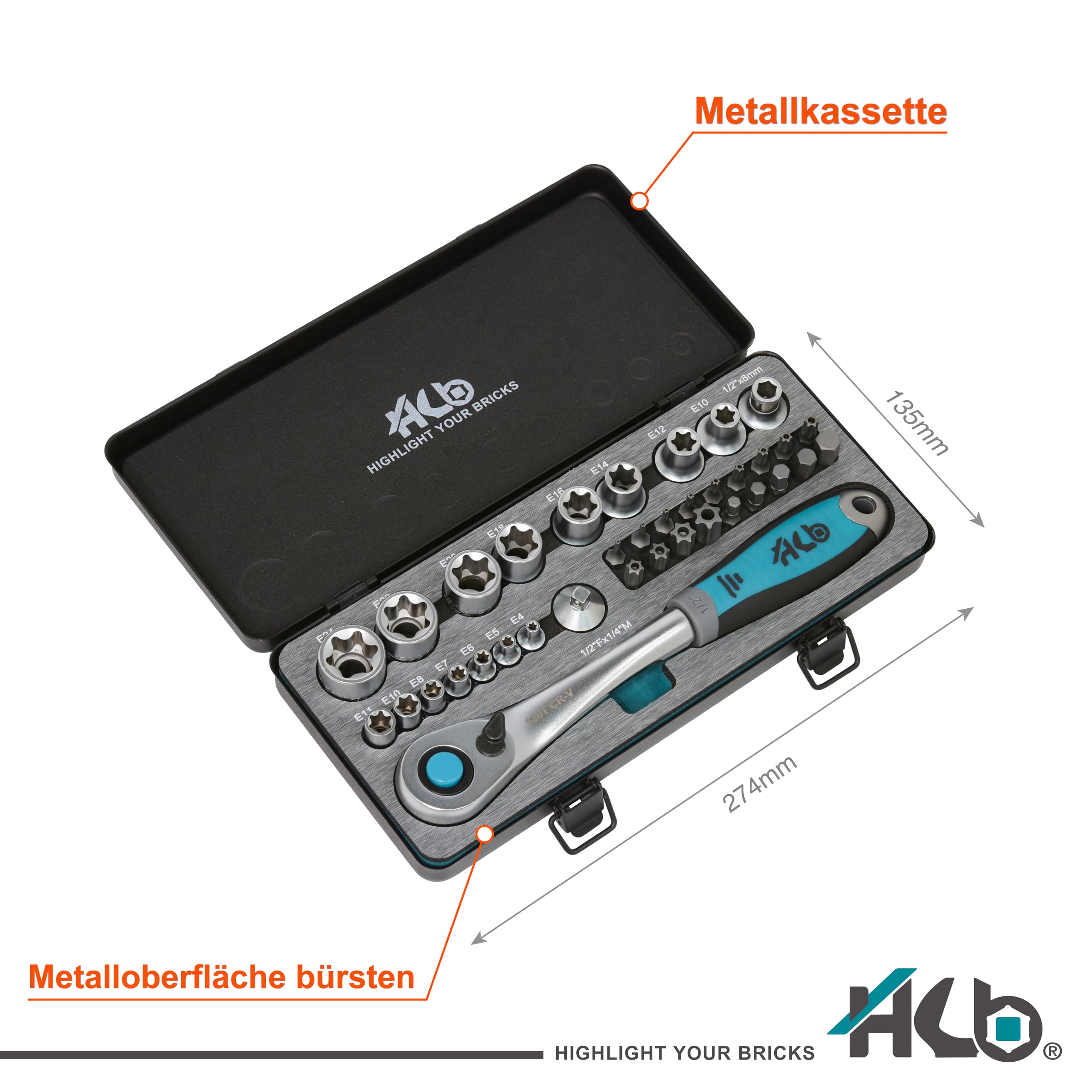 HB AKM016-G Juego Carraca Offset 120 Dientes 36 Piezas 1/2" Llaves E-Torx CR-V & S2 | Set de Vasos Profesionales Mecánico Automoción Taller Bricolaje | Maletín Metálico con EVA – Hecho en Taiwán