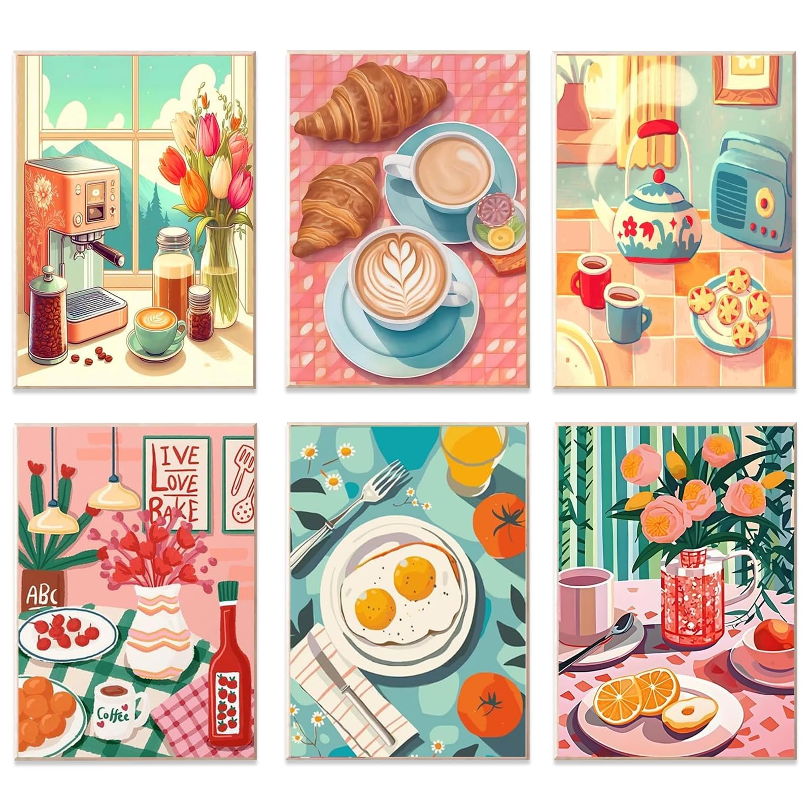 Paint by Numbersa for Adults 6 Pack Painting by Numbers for Adults Canvas Advanced Acrylic, Kitchen Bar, Kitchen Food, DIY Paint by Number for Beginners, Paint Kit for Home Wall Decor 24X16 cm
