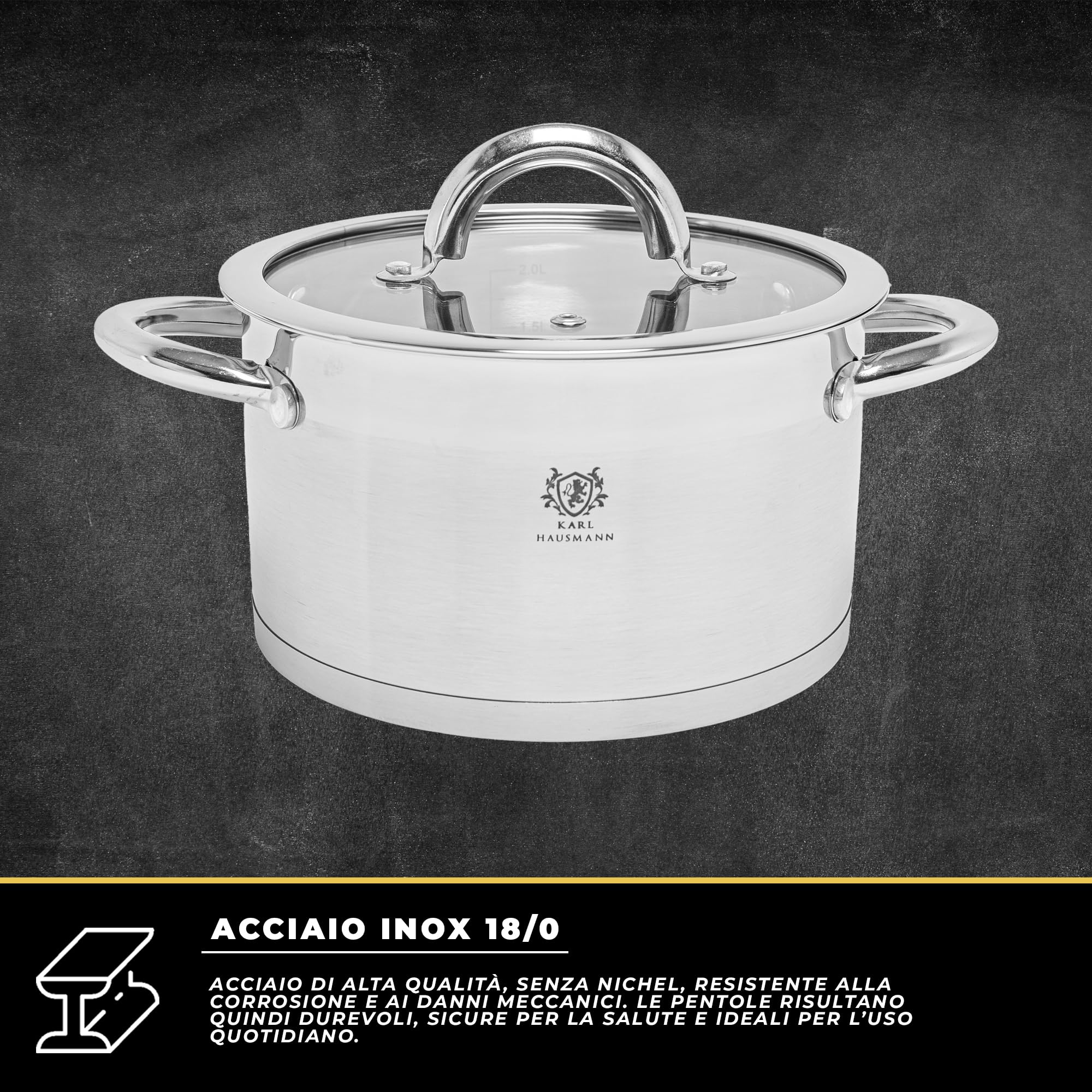 KARL HAUSMANN Set di Pentole Induzione - 4 Pezzi - Batteria di Pentole Acciaio Inox - Scala Interna - Pentola per Induzione, Gas, Elettrica e in Vetroceramica - Riscaldamento e Cottura Uniforme