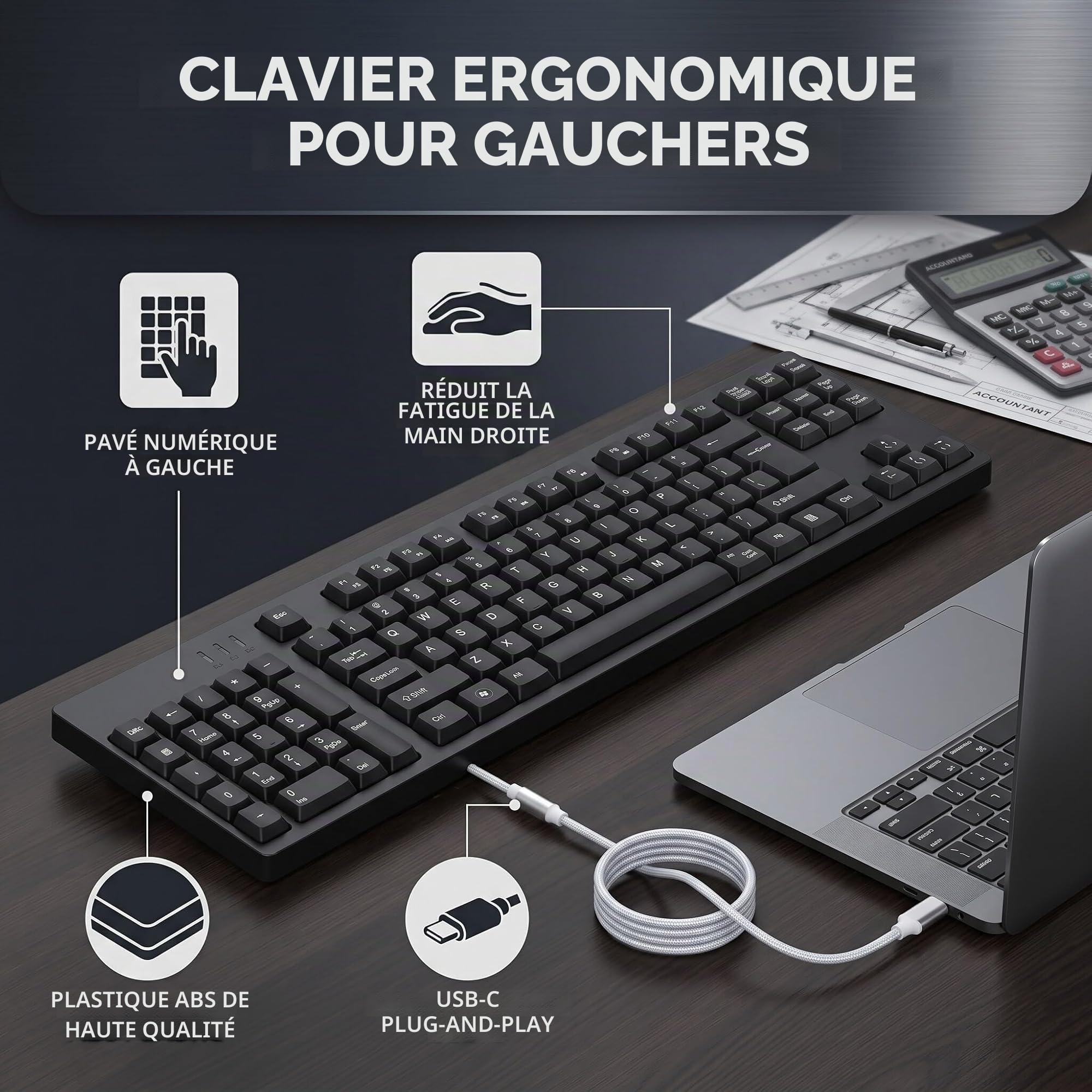Greensen Clavier pour Gaucher, Clavier de Bureau Ergonomique avec 109 Touches, Conception Micro USB pour la comptabilité d'entreprise et Les Concepteurs(Clavier Anglais (Configuration améric