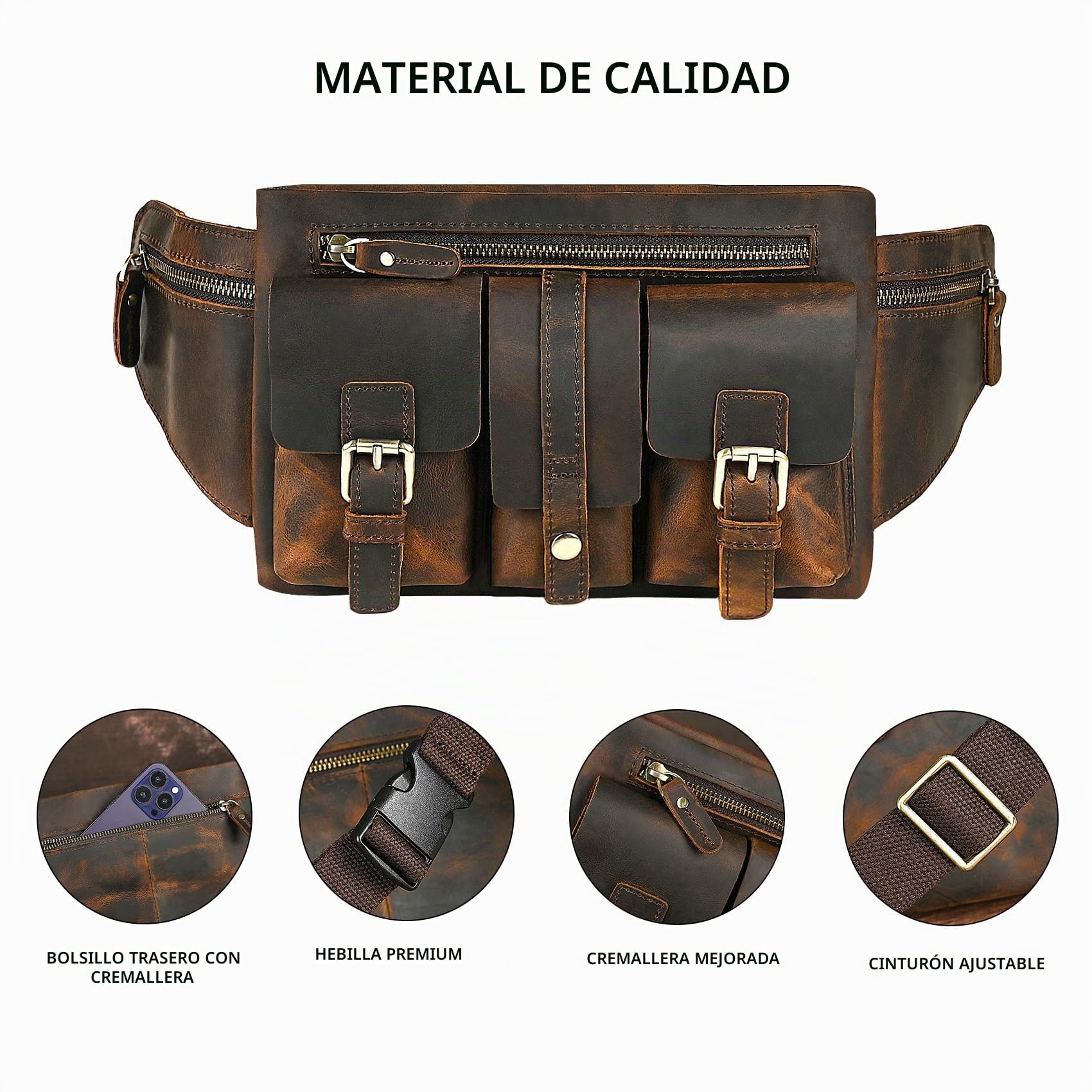 cuero de caballo loco, cuero genuino, bolsa de cinturón al aire libre de senderismo Fanny cintura bolsa telefónica para hombres y mujeres 380