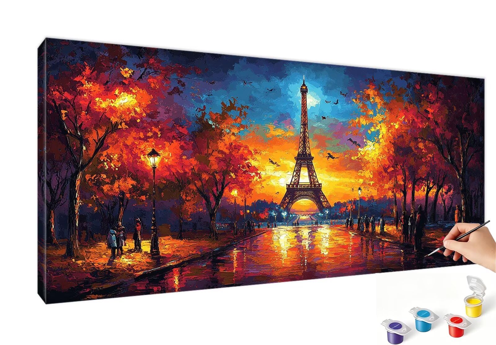 Malowanie według liczb XXL, Wieża Eiffla, malowanie według liczb, dla dorosłych, krajobraz 90 x 180 cm, bez ramy, zestaw do malowania liczbami akrylowymi i pędzlami, niegniotące się płótno, dekoracja