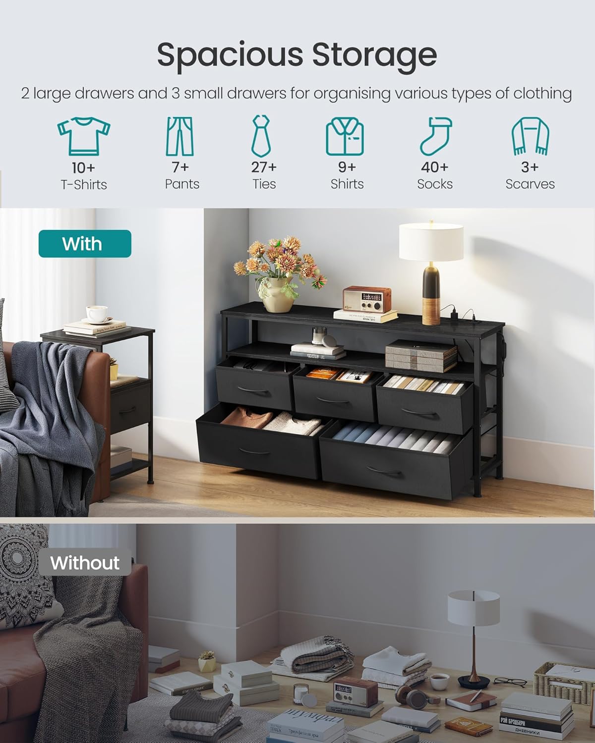 SONGMICS BELLAH Collection - Dresser for Bedroom with App-Controlled LED Lights and Charging Station, Chest of Drawers, TV Stand, 5 Drawers, Shelf, Modern, Ink Black ULGS723BH02S