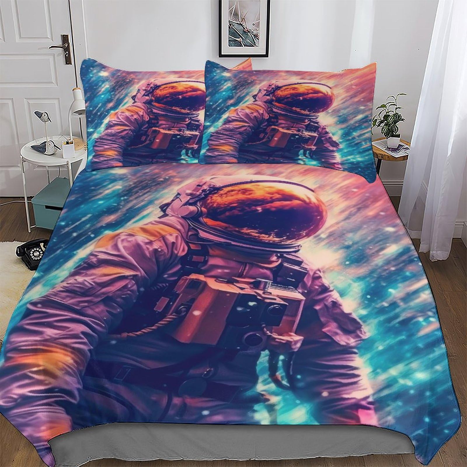 Housse de couette astronaute 220x240 cm parure de lit 3 pièces en microfibre