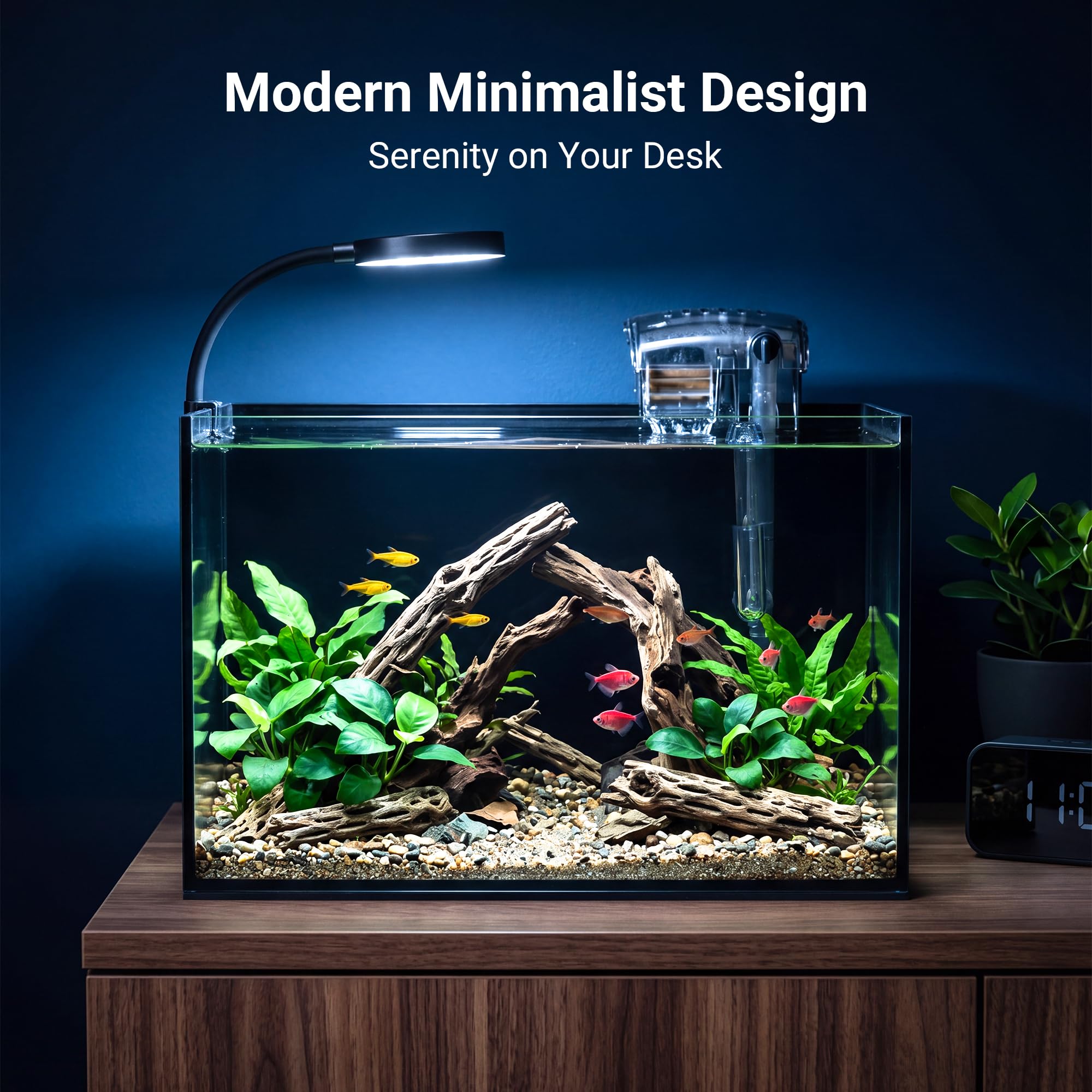 Smart Fish Tank Aquarium Kit: pecera de escritorio ultra transparente de 2.8 galones con luz LED y filtro, incluye piedra de paisaje, juego completo para peces pequeños, camarones o betta, negro