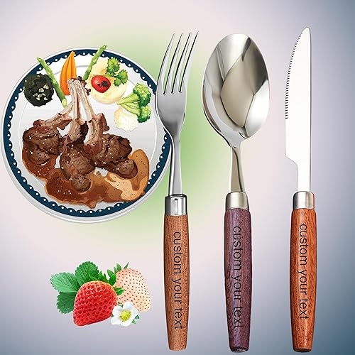 Miniatura 5 de Juego de cubiertos de acero inoxidable personalizados con cuchillo, tenedores y cuchara, tenedor de madera de construcción personalizado grabado,