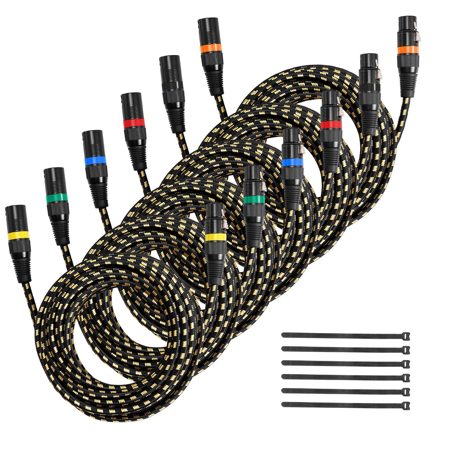 VEVOR XLR Cable 25 ft, 6 Pack, Shielded Balanced DMX Male to Female Microphone Cables, Gold-Plated 3-Pin XLR Mic Speaker Cord Wires, for Stage Lighting, Microphones, Amplifier, Mixer, Speaker Systems
