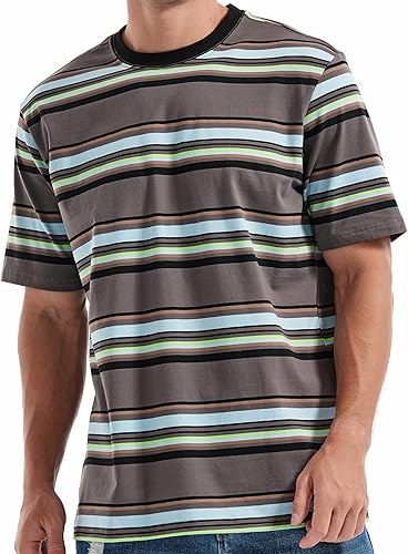 KLIEGOU Camiseta a rayas con cuello redondo y ajuste holgado para hombre