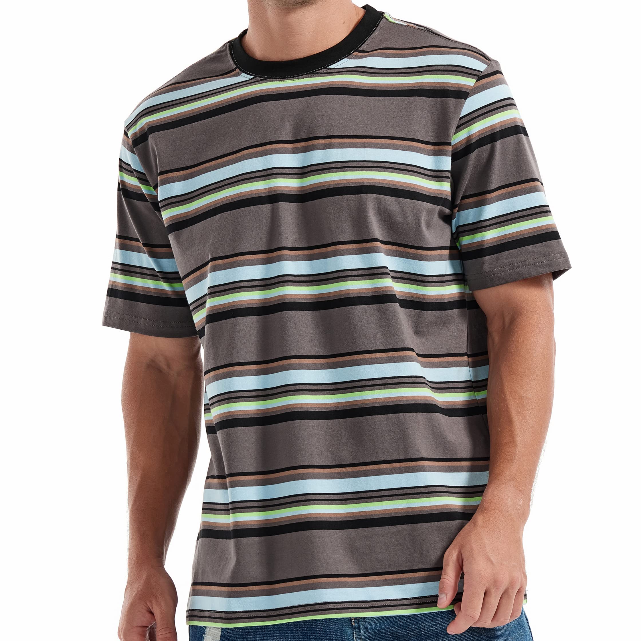 KLIEGOU Camiseta de moda para hombre, ajuste holgado, cuello redondo, a rayas