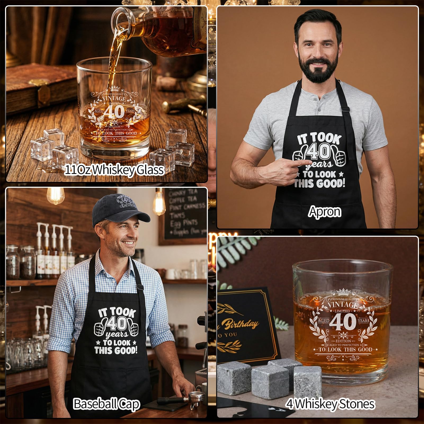 40th Birthday Gifts for Men Whiskey Glass Set with 11 Oz Glass, Stone, Ice Tong, Bottle Opener, Cap, Apron, Socks, Keychain, Greeting Card, 40th Birthday Party Supplies for Him, Dad, Husband