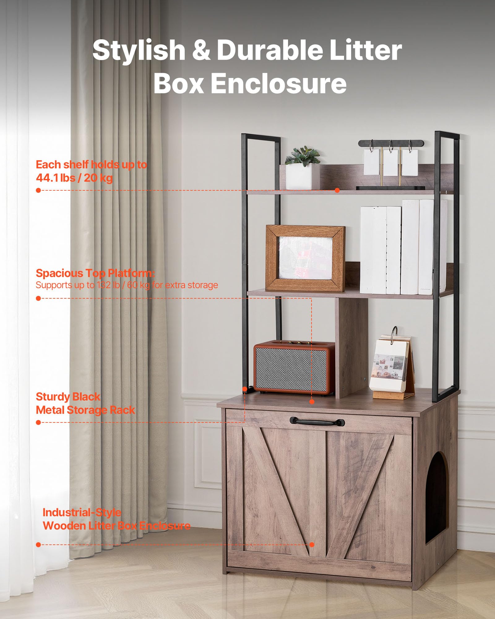 VEVOR Meuble Litière pour Chat 60x50x127,2 cm, Cache-Litière pour Chat avec Étagères de Rangement pour Salon, Entrée Latérale, Table d'Appoint Imperméable, Capacité de Charge 60 kg, Style Moderne