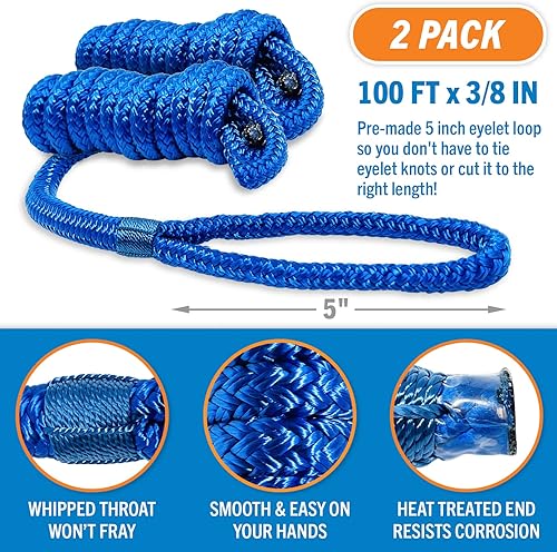 Miniatura 4 de Líneas para guardabarros de barco, cuerda de nailon trenzado doble de 38 pulgadas, 6 pies con bucle, paquete de 2, azul real, para boya, amarre de