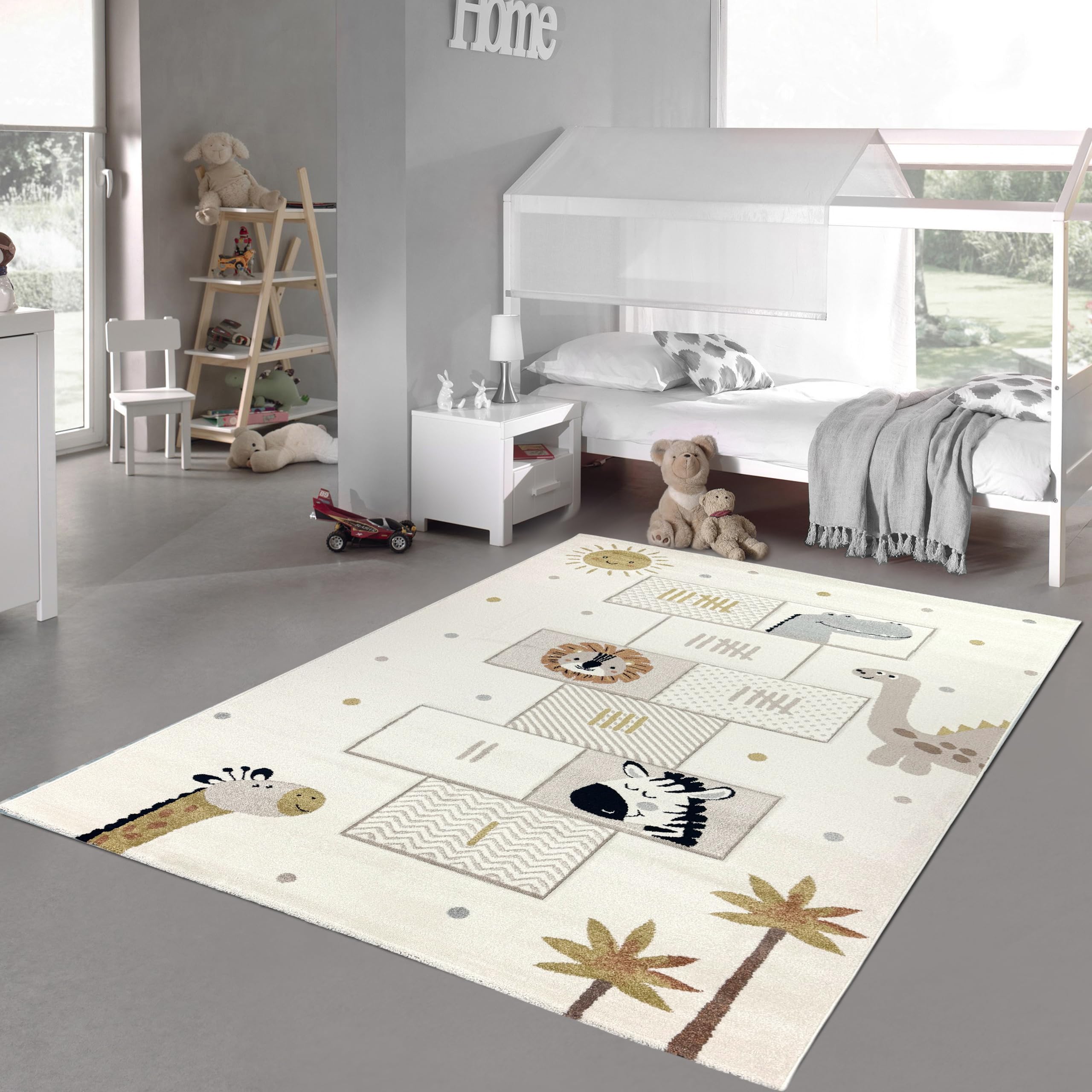 Teppich-Traum Teppich Spielzimmerteppich Kinderzimmer Spielecke Allergiker geeignet leichte Pflege Hüpfspiel mit Tieren Creme, 120 x 170 cm