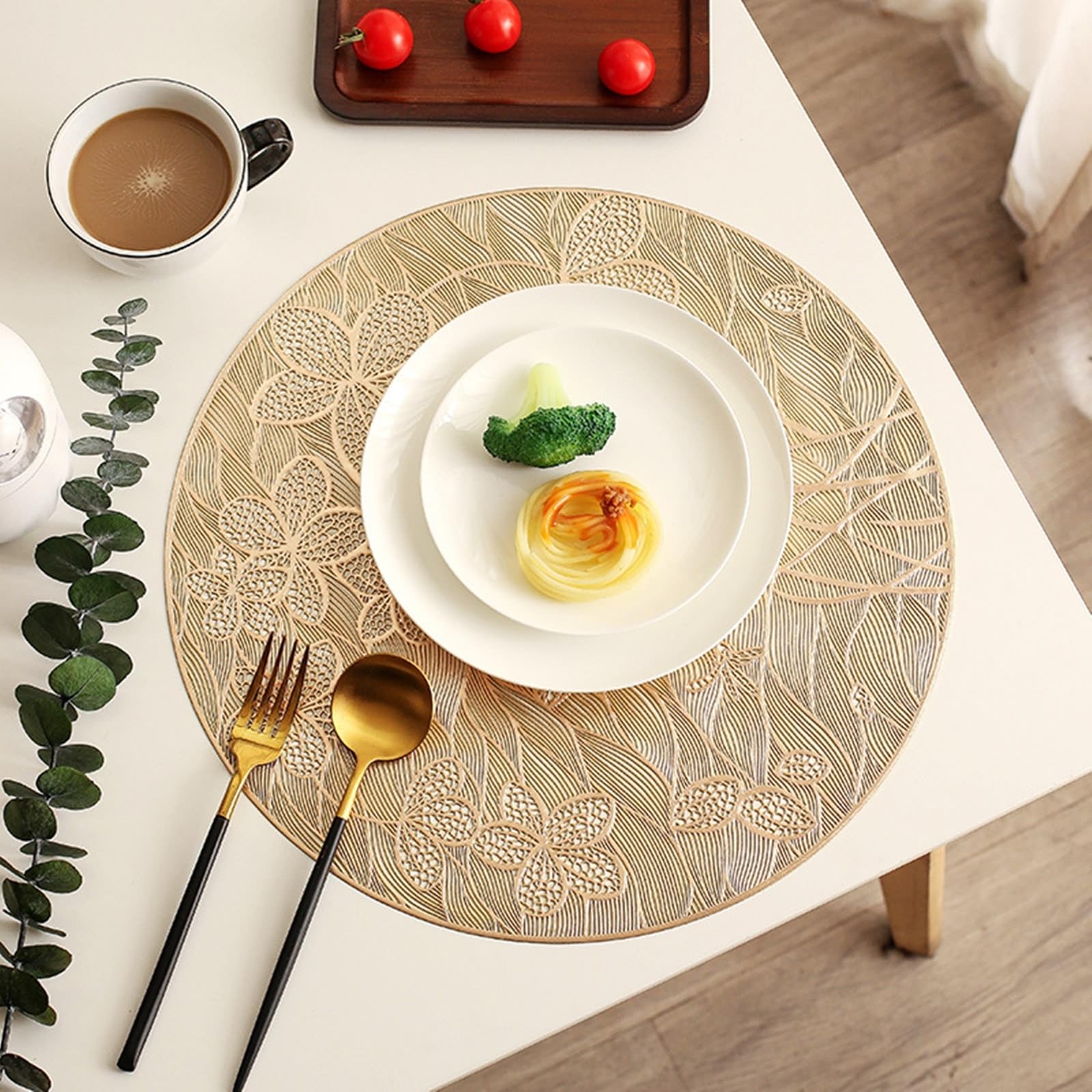 Lot de 10 sets de table en PVC doré textile - Creux - Motif fleurs et feuilles - Lavables - Pour la cuisine, la maison, le restaurant - 38 cm