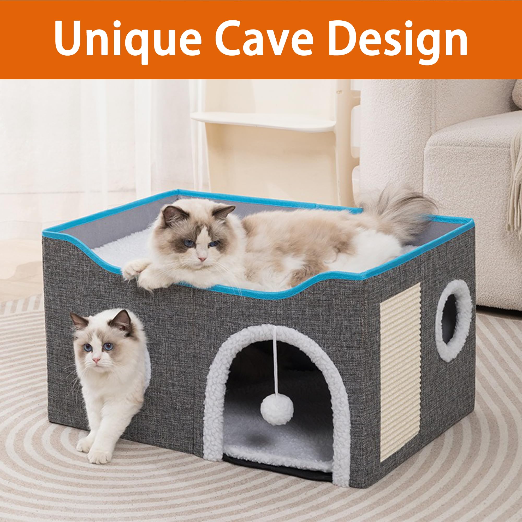 Loyareal Cat Houses for Indoor Cats - Large Cat Bed Cave with Scratch Pad and Fluffy Ball, Foldable Cat Condo Hideaway with Reversible Cushion for Multi Small Pet, Light Grey 1