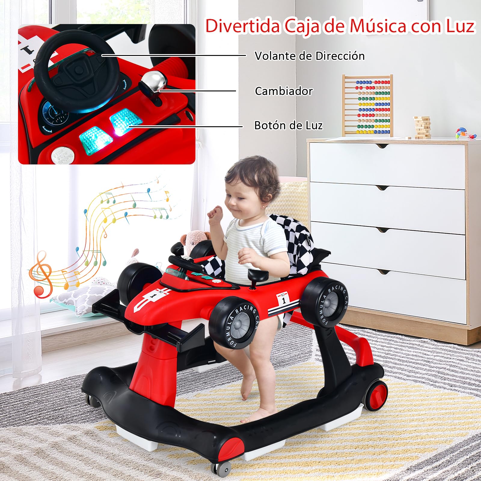 RELAX4LIFE 4 en 1 Andador para Bebés 6-18 Meses, Andador Plegable con Altura Regulable en 3 Niveles, Tacatá Bebés con Luces, Sonidos y Velocidad Controlable, 64 x 73 x 50,5-55,5 cm (Rojo)